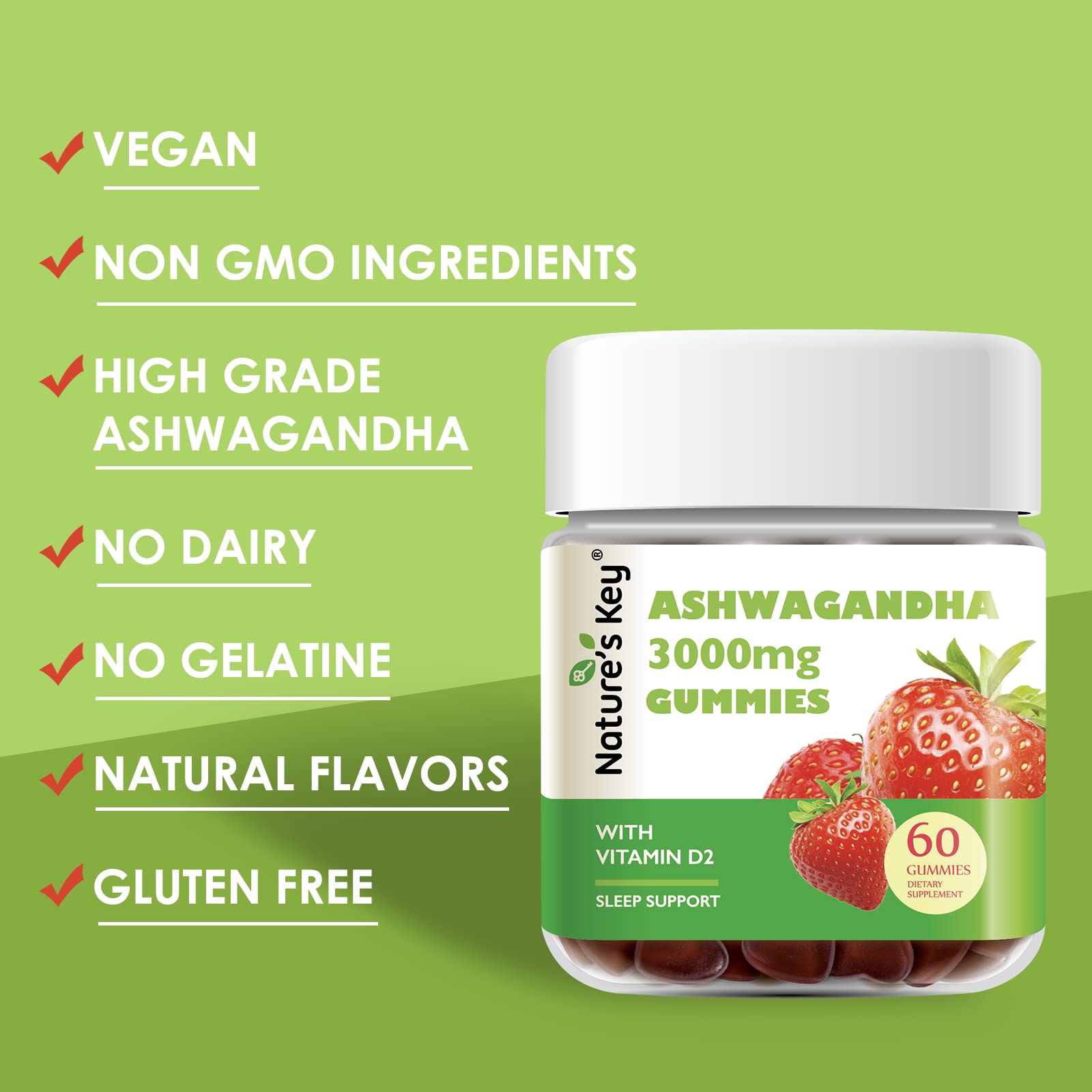 Nature's Key Ashwagandha Gummies, 3000mg High Potency Ashwagandha Root Extract with Vitamin D2, Stress, Calm Mood & Cognition, for Men & Women, Strawberry Flavor (60 Count (Pack of 1) Nature's Key Au supplements