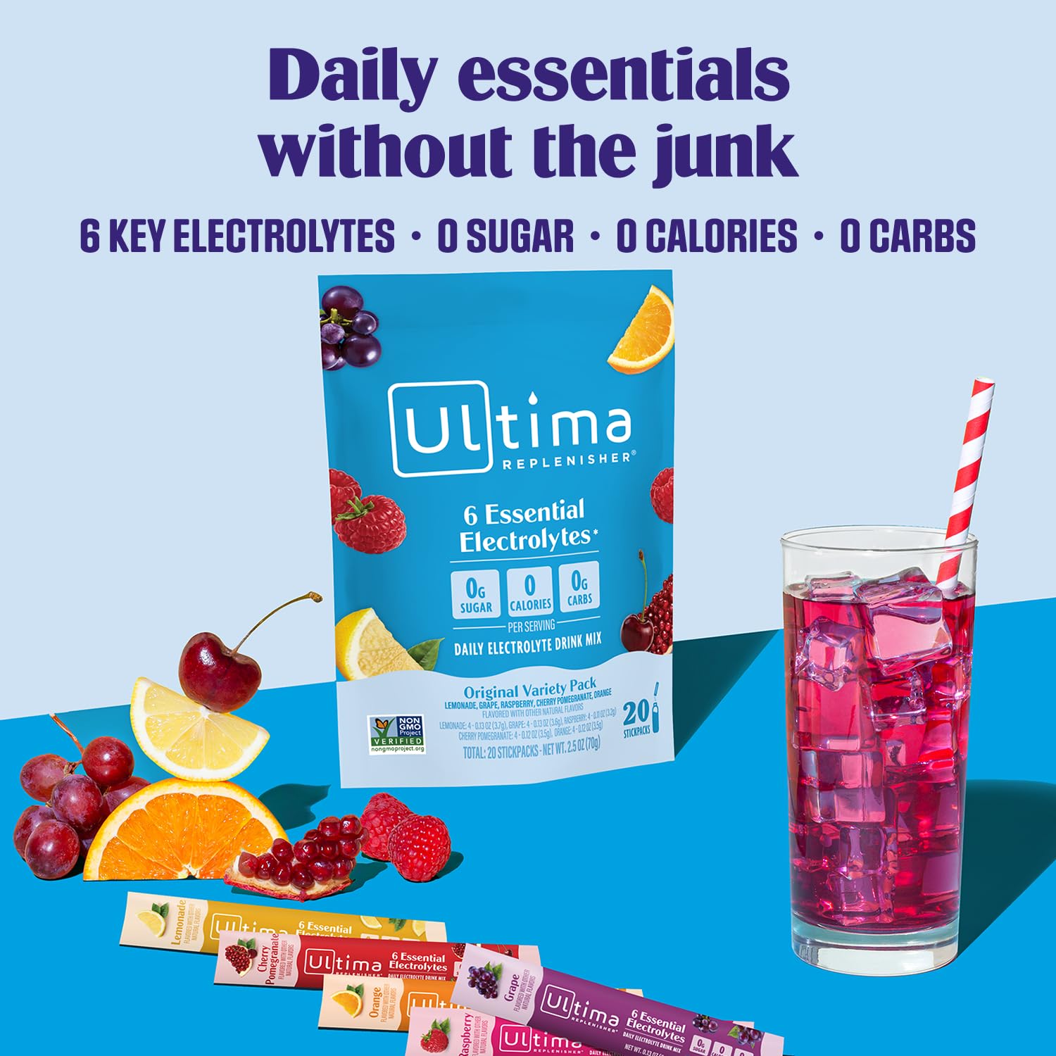 Ultima Replenisher Daily Electrolyte Powder – Original Variety Pack, 20 Stickpacks – Zero Sugar Hydration Packets with 6 Electrolytes and Minerals – Sugar Free