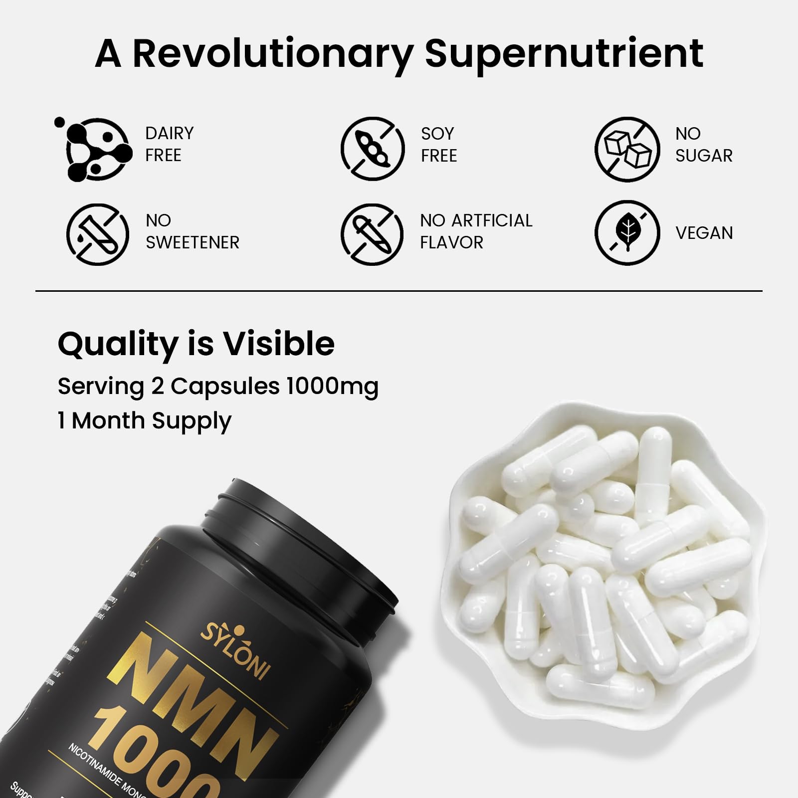 Syloni NMN Supplement 1000mg, 99% Pure NMN 4-in-1 NAD+ Booster with PQQ, CoQ10, L-Ergothioneine, 60 Capsules Nicotinamide Mononucleotide - Anti-Aging, Energy Boost, DNA Repair for Adults, Vegan Syloni Au supplements