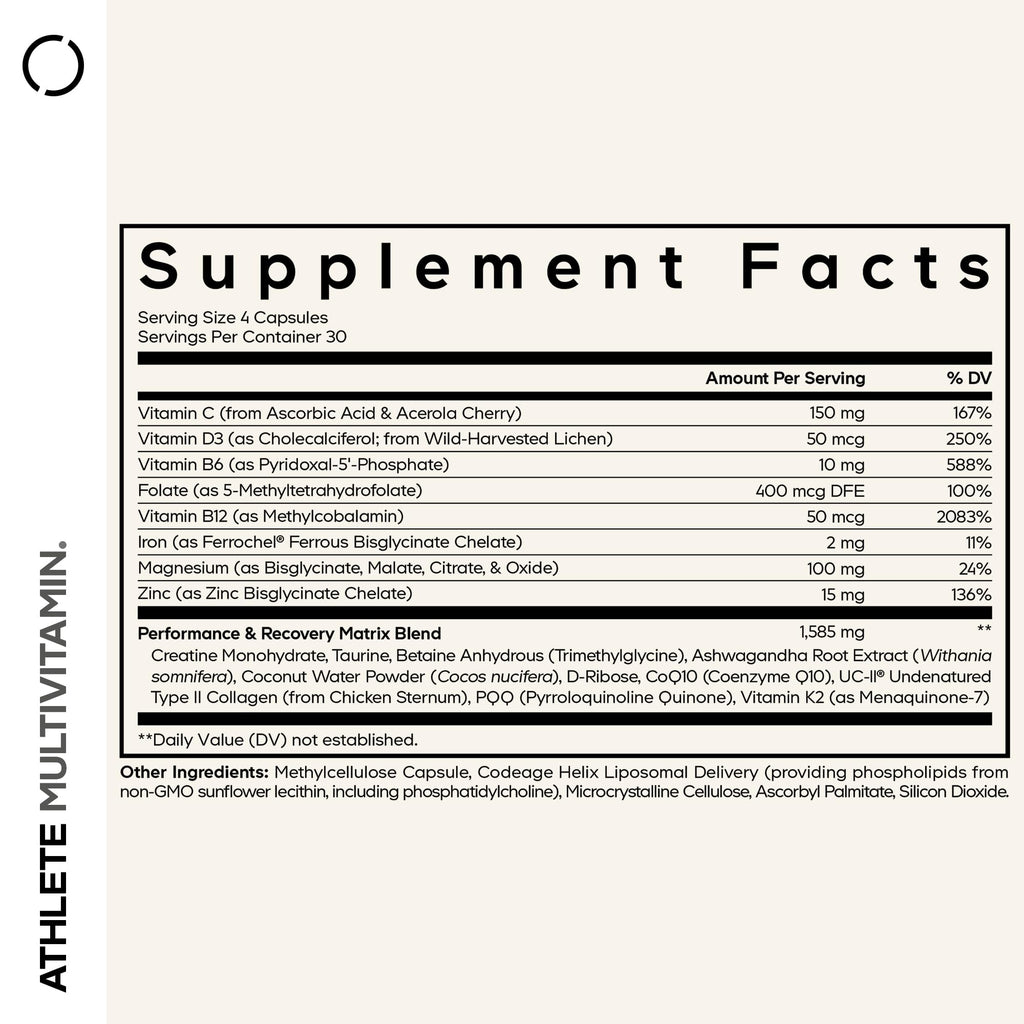 Codeage Athlete Multivitamin Platinum – Sports Supplement with Vitamins & Minerals, Folate, Iron & Magnesium, Creatine, Taurine, Electrolytes, CoQ10, PQQ, UC-II Collagen – Non-GMO – 120 Capsules Codeage Au supplements