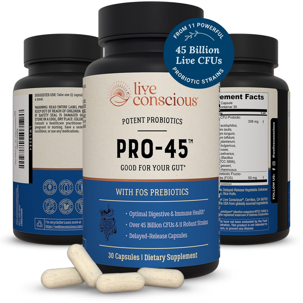 Live Conscious PRO45 Probiotics for Women & Men: Comprehensive Formula, 45 Billion CFU, 11 Strains, Dairy Free - w/Prebiotics and Probiotics