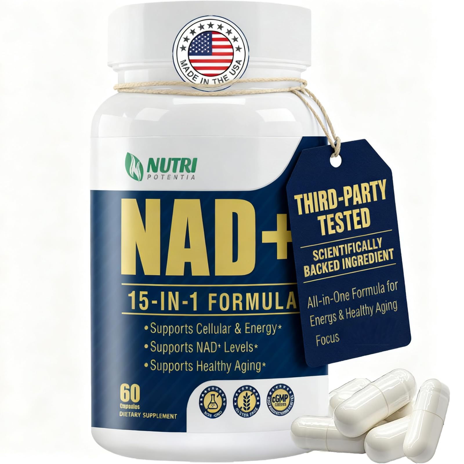 NAD+ Supplement-NMN Upgrade Alternative,NAD Resveratrol Supplement 15-in-1 CoQ10 for Man & Women–Third-Party Tested(Made & Tested in USA).Supports Cellular Energy,Healthy Aging-Non-GMO - 60 Capsules NUTRI POTENTIA Au supplements