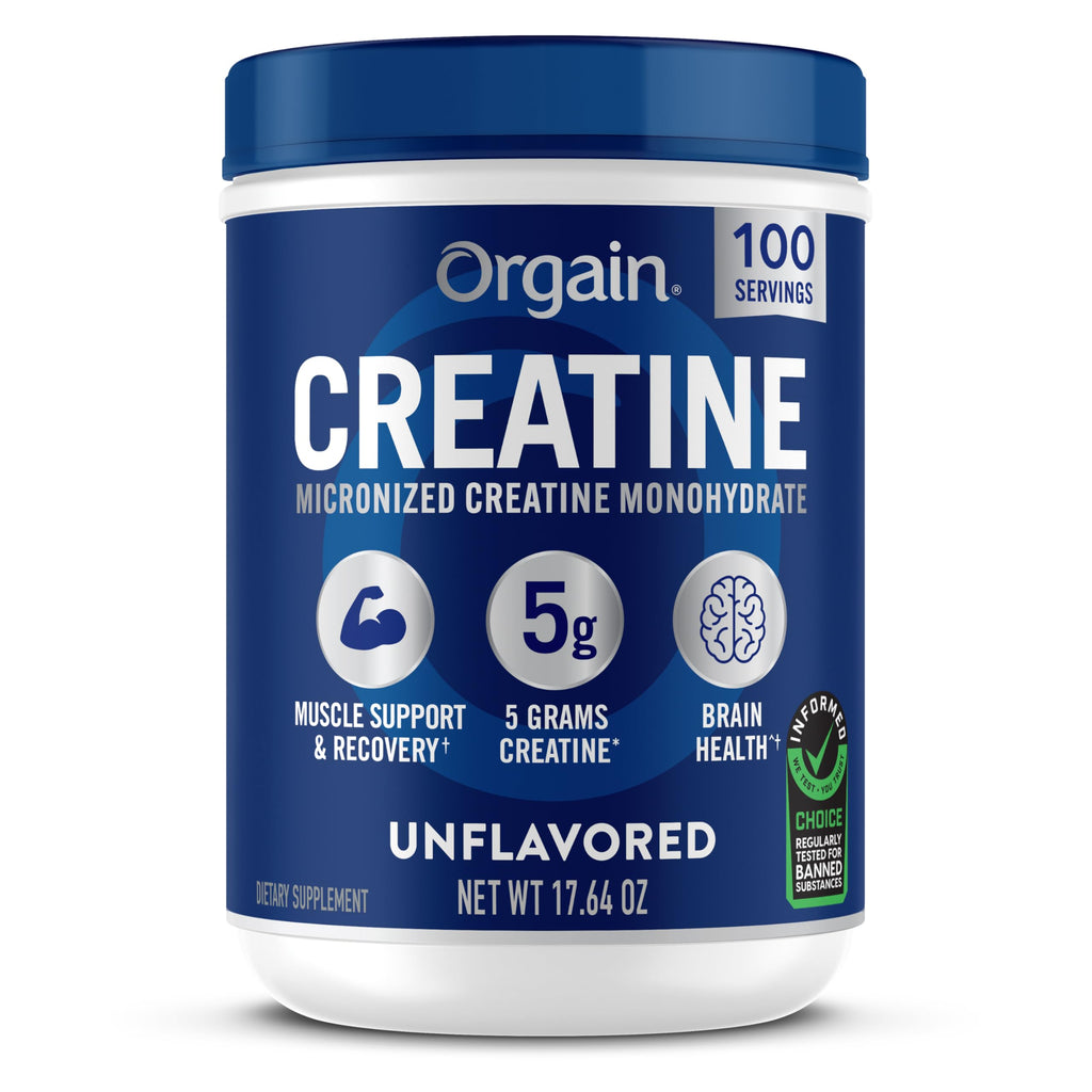 Orgain Creatine Monohydrate Micronized Powder, 100 Servings, Unflavored, Supports Muscle Growth, Post Workout Recovery and Brain Health, No Artificial Additives
