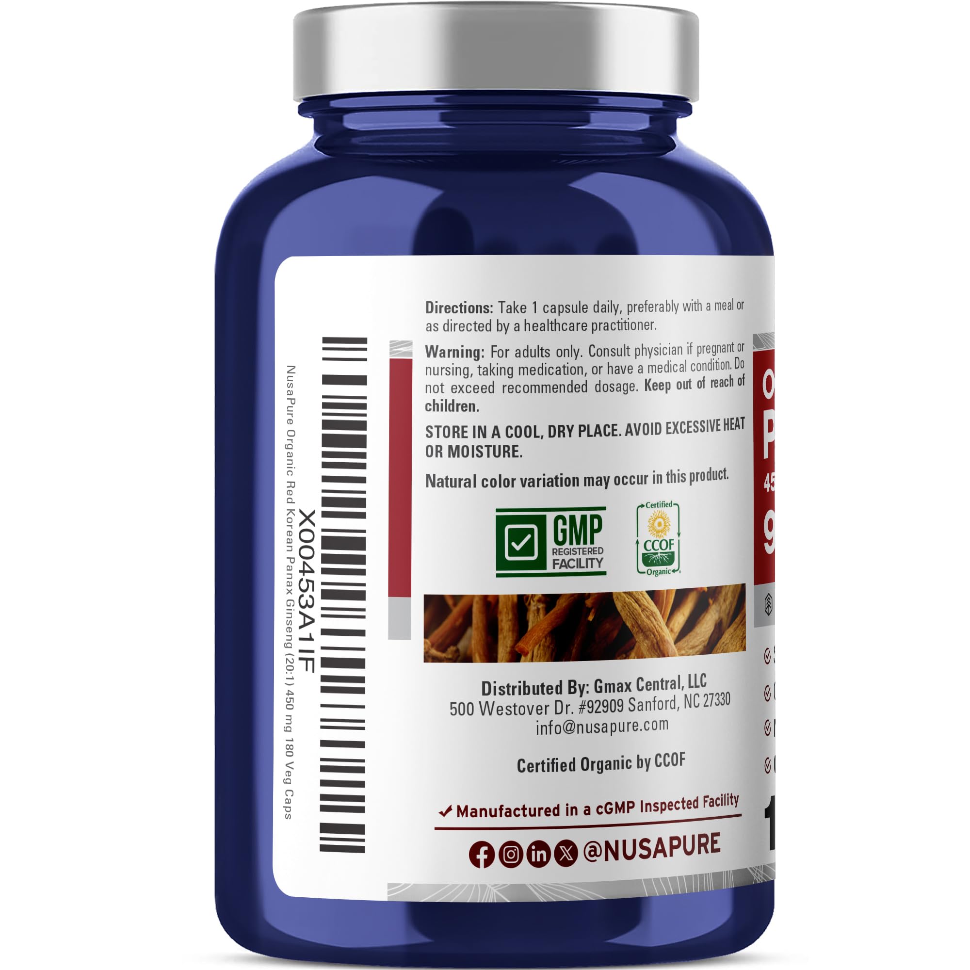 NusaPure Red Korean Panax Ginseng 20:1 Extract, 450 mg Equivalent to 9,000 mg 180 Veggie Caps (USDA Organic, Non-GMO, Vegan, Vegetarian, Bioperine) NusaPure Au supplements