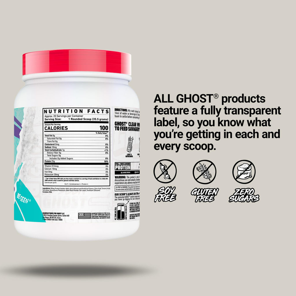 GHOST Clear Whey Isolate Protein Powder, Strawberry Watermelon - 1.57 LB Tub, 25G of Whey Protein - Post Workout Drink for Muscle Gain & Recovery – Sugar Free, Soy Free & Zero Fat, 20 Servings