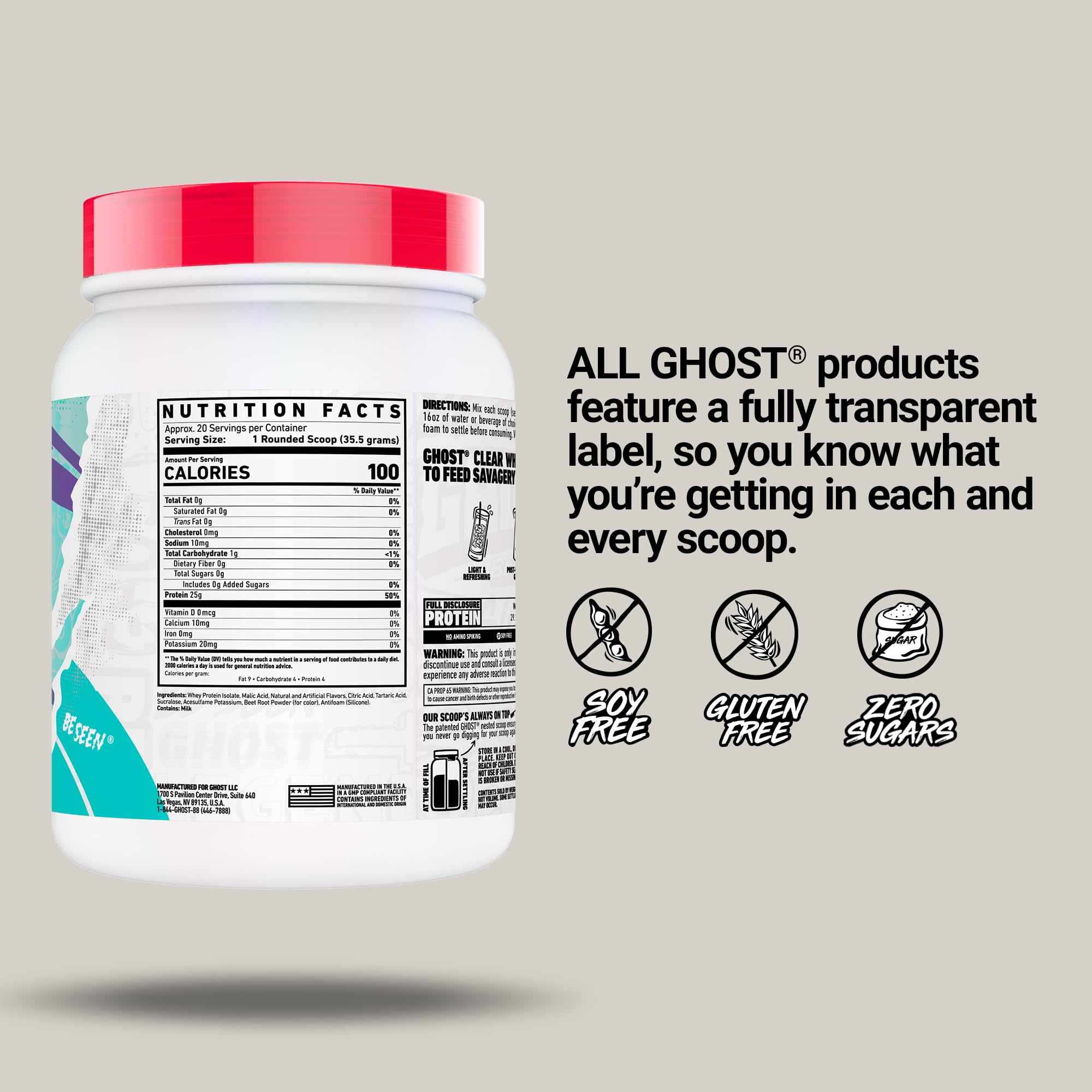GHOST Clear Whey Isolate Protein Powder, Strawberry Watermelon - 1.57 LB Tub, 25G of Whey Protein - Post Workout Drink for Muscle Gain & Recovery – Sugar Free, Soy Free & Zero Fat, 20 Servings