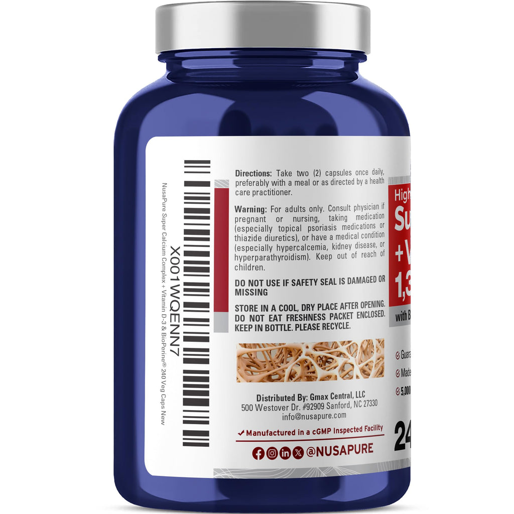 NusaPure Super Calcium with Vitamin D 3 & Calcium Citrate - Suitable for Vegetarian/Vegan, Non - GMO - 1300mg - 240 Capsules NusaPure Au supplements