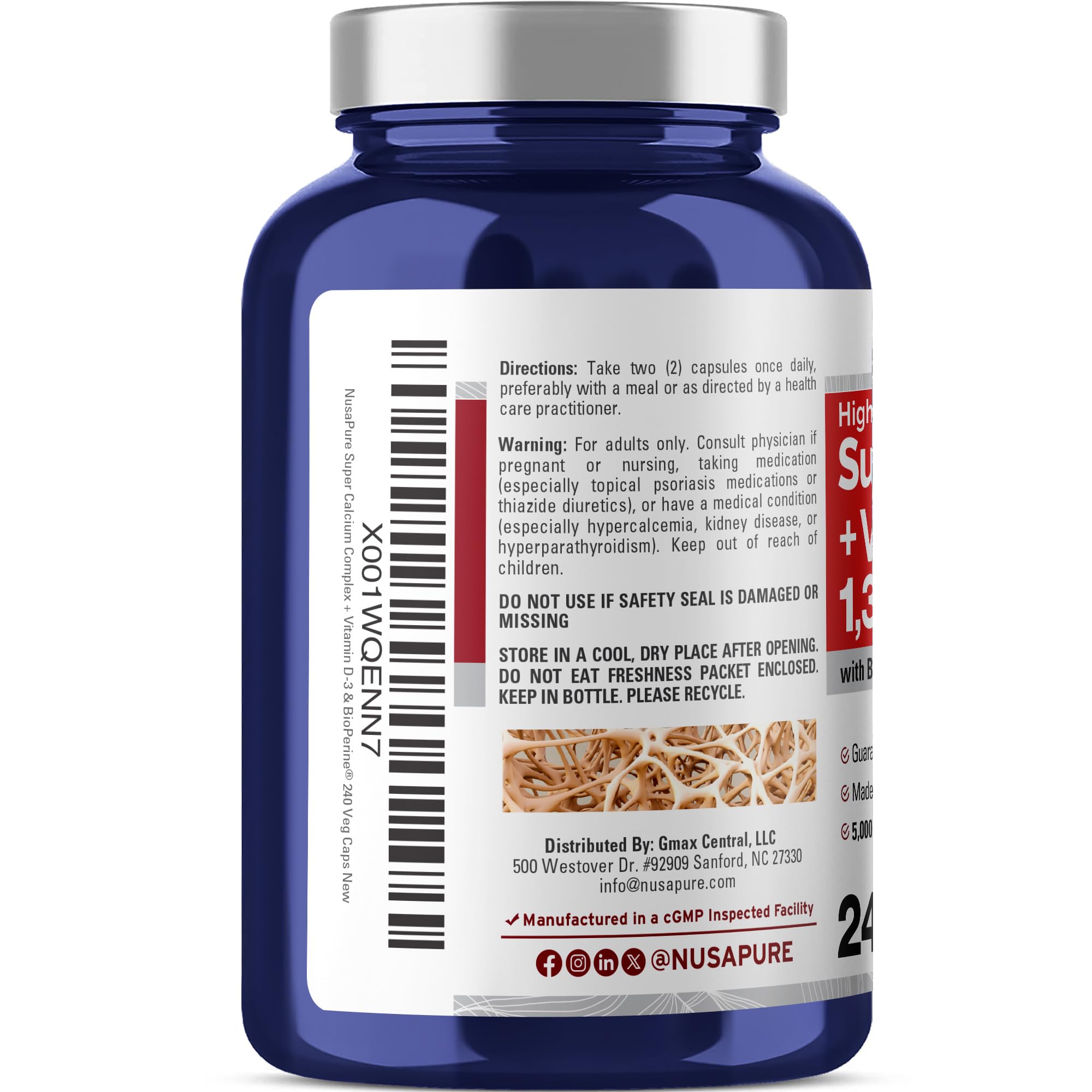 NusaPure Super Calcium with Vitamin D 3 & Calcium Citrate - Suitable for Vegetarian/Vegan, Non - GMO - 1300mg - 240 Capsules NusaPure Au supplements