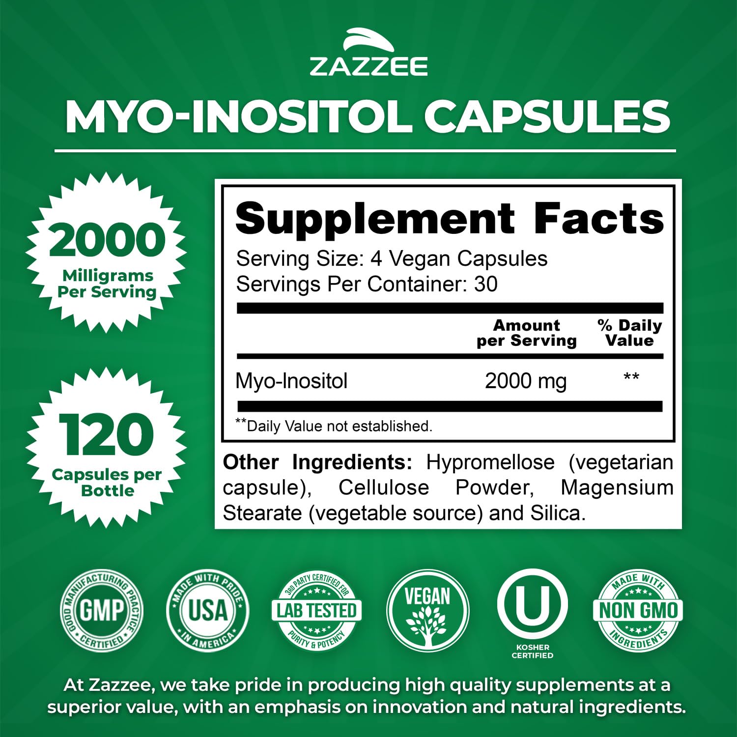 Zazzee Myo-Inositol Capsules, 2000 mg per Serving, 120 Vegan Capsules, Ideal Dosage for 40:1 Ratio, Certified Kosher, Hormone Balance & Healthy Ovarian