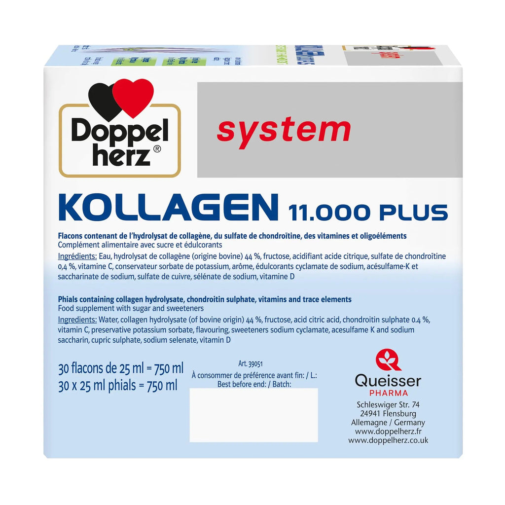 Doppelherz - Kollagen 11000 Plus - Collagen hydrolysate, chondroitin Sulphate, Vitamins C and D and Trace Elements - for Bones, cartilages and tendons - Wild Berry Flavour Liquid- 30 Bottles of 25ml Doppelherz Au supplements