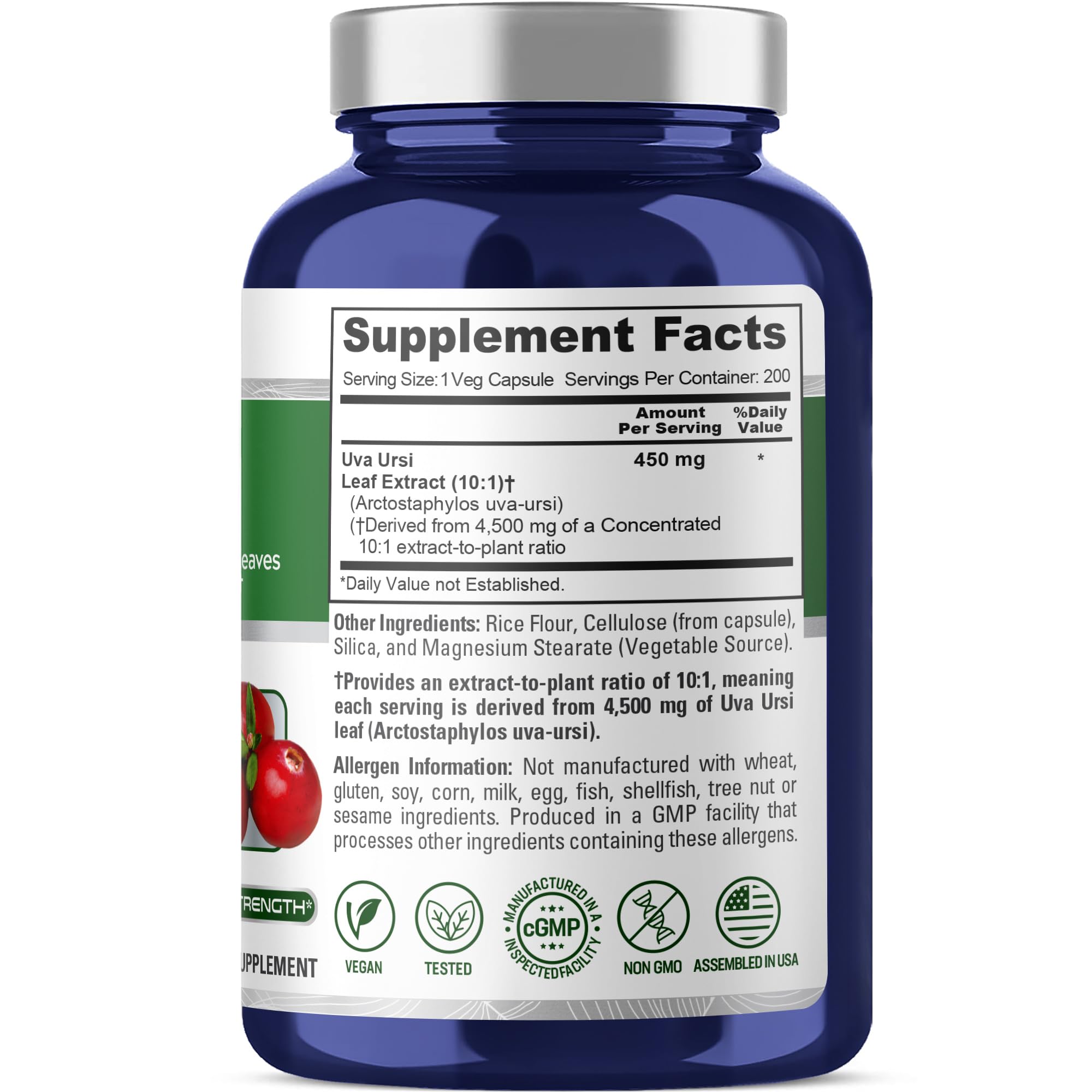 NusaPure Uva Ursi 10:1 Extract, 450 mg Equivalent to 4,500mg 200 Vegetarian caps (Non-GMO, Vegan) Bearberry NusaPure Au supplements