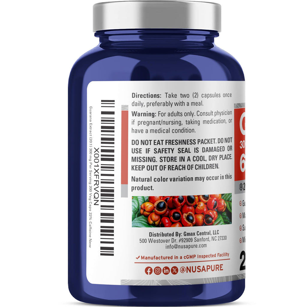 NusaPure Guarana Extract 20:1 Extract, 300 mg Equivalent to 6,000 mg per Veggie Caps 200 Count (Non-GMO, Vegan) NusaPure Au supplements