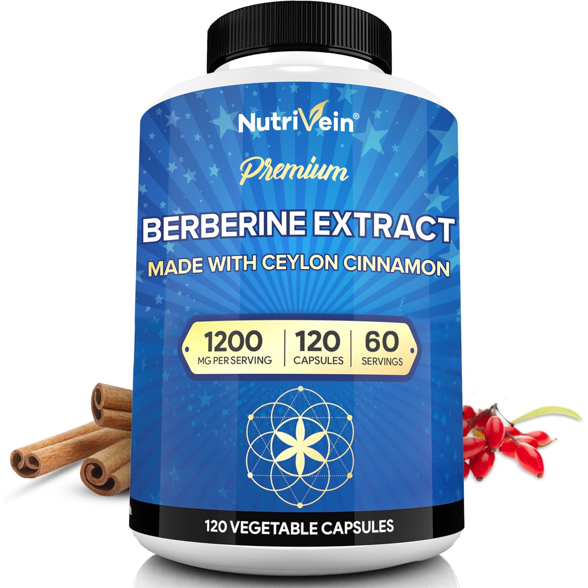 Nutrivein Premium Berberine 1200 mg with Ceylon Cinnamon - 120 Capsules: High-Absorption Berberine Supplement