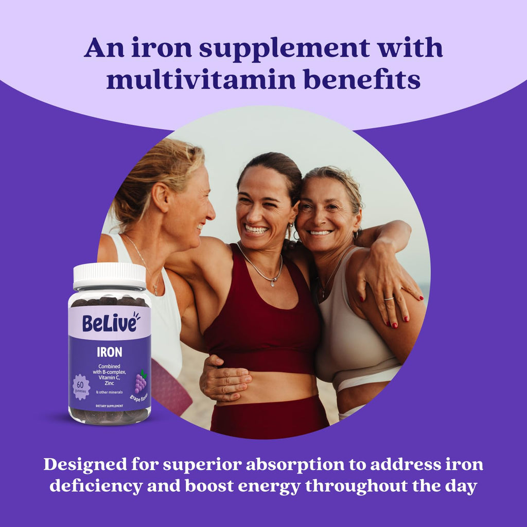 BeLive Iron Gummies - Multivitamin Supplement with Vitamin C, A, B & Zinc, Supports Blood Oxygen, Vegan Iron Supplements for Women, Men & Kids