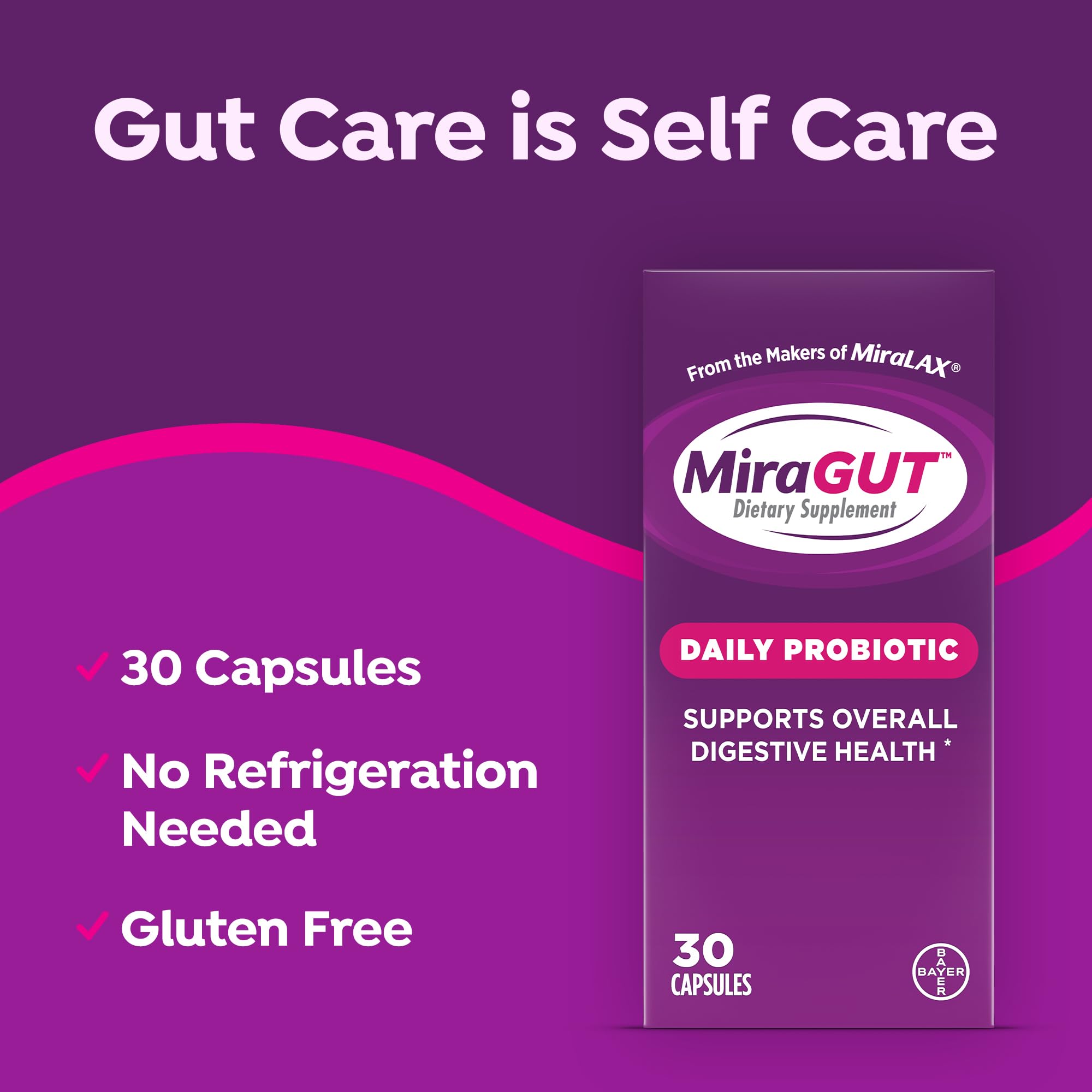 MiraGUT Daily Probiotic, from the Makers of MiraLAX, Probiotics for Digestive Health, Gluten-Free Supplement, Probiotic for Women and Men