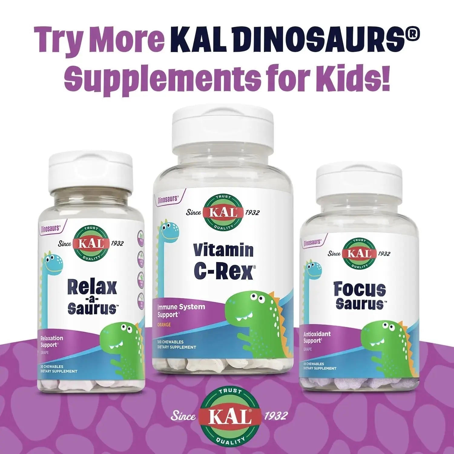 KAL MultiSaurus Kids Chewable Multivitamins, 11 Essential Vitamins and Minerals for Kids, Mixed Berry Flavor, Gluten and Preservative Free KAL Au supplements
