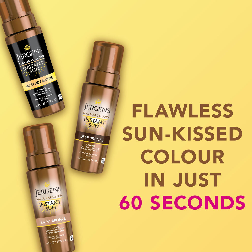 Jergens Natural Glow Instant Sun Body Mousse, Self Tanner for Light Bronze Tan, Sunless Tanning Body Bronzer