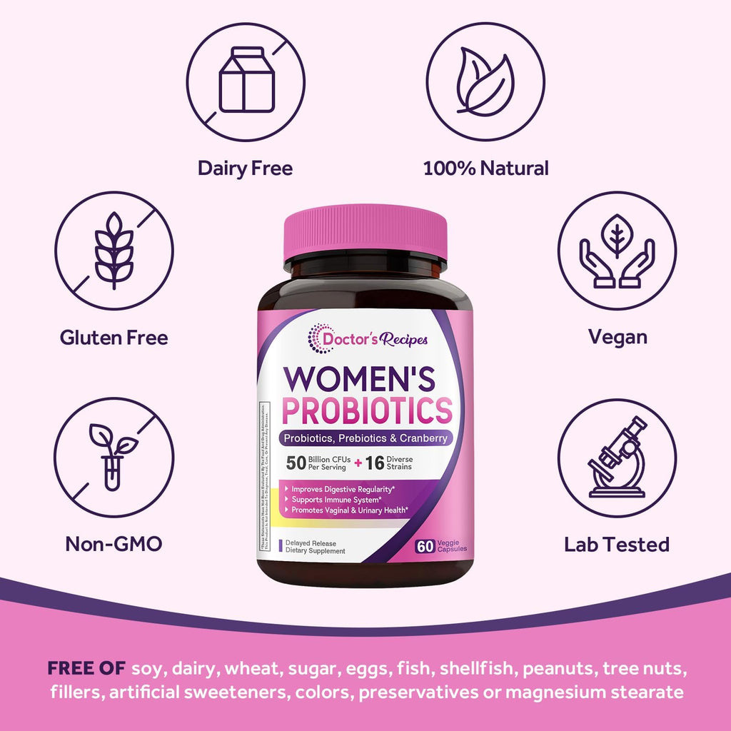 Doctor's Recipes Women's Probiotic, 60 Caps 50 Billion CFU 16 Strains, with Organic Cranberry, Digestive Immune Vaginal & Urinary Health, Shelf Stable