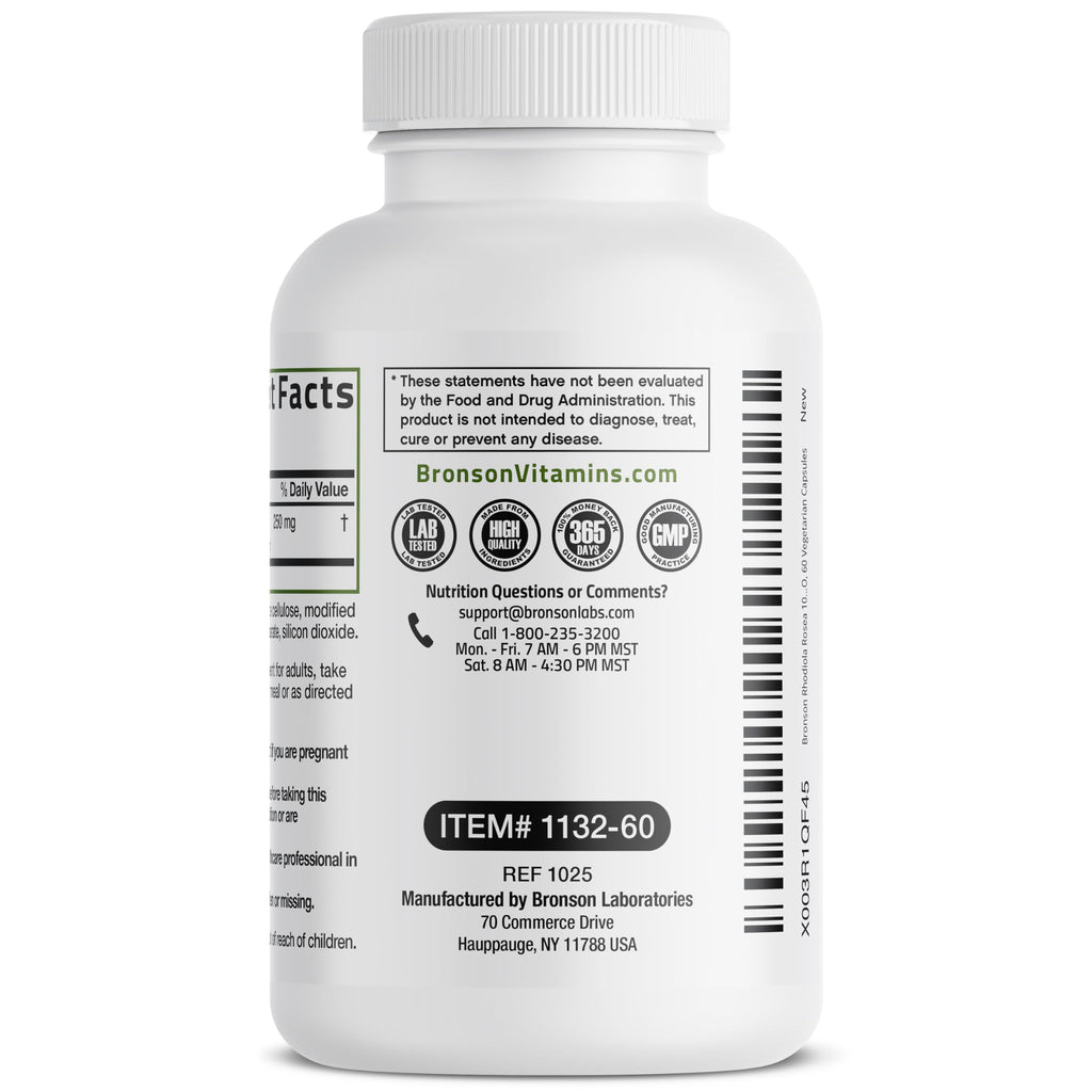Bronson Rhodiola Rosea Vegetarian Capsules - Adaptogenic Herb - Brain, Stress & Mood Support - Non-GMO, 60 Count