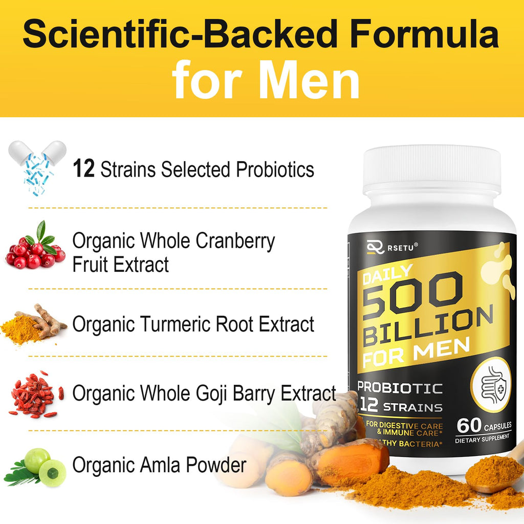 Probiotics for Men, 500 Billion CFUs & 12 Strains Mens Probiotic with Turmeric Cranberry, Goji, Gut Health for Men, for Digestive Health, Gut, Bloating & Gas, Immune, Energy Support, 120-Day Supply RSETU Au supplements