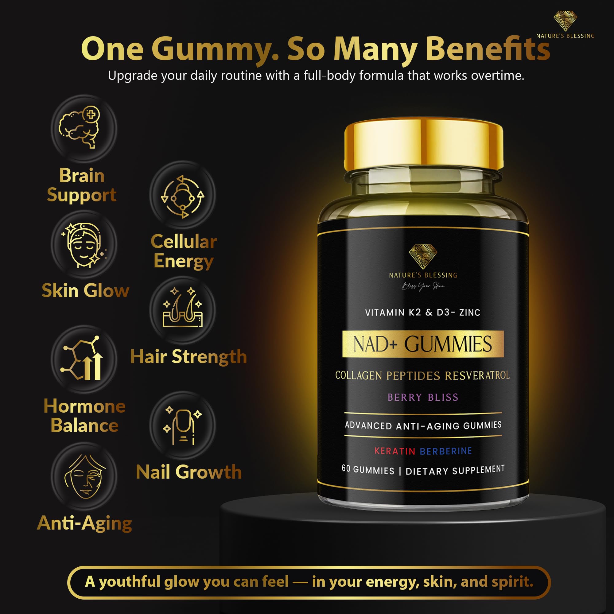 Nature's Blessing NAD+ Anti-Aging Gummies – Boost Cellular Repair, Brain Clarity & Radiant Skin – with Biotin, Collagen, Resveratrol, Vitamin D3, K2, Zinc & Keratin – Delicious Berry Bliss Nature's Blessing Au supplements