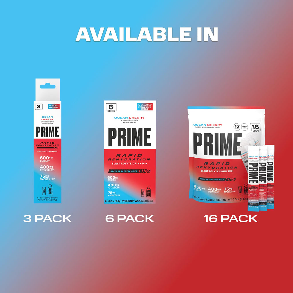 Prime Rapid Rehydration Electrolyte Powder Sticks, Ocean Cherry, Sugar Free Hydration Drink Mix with Sodium, Potassium, Magnesium & B Vitamins