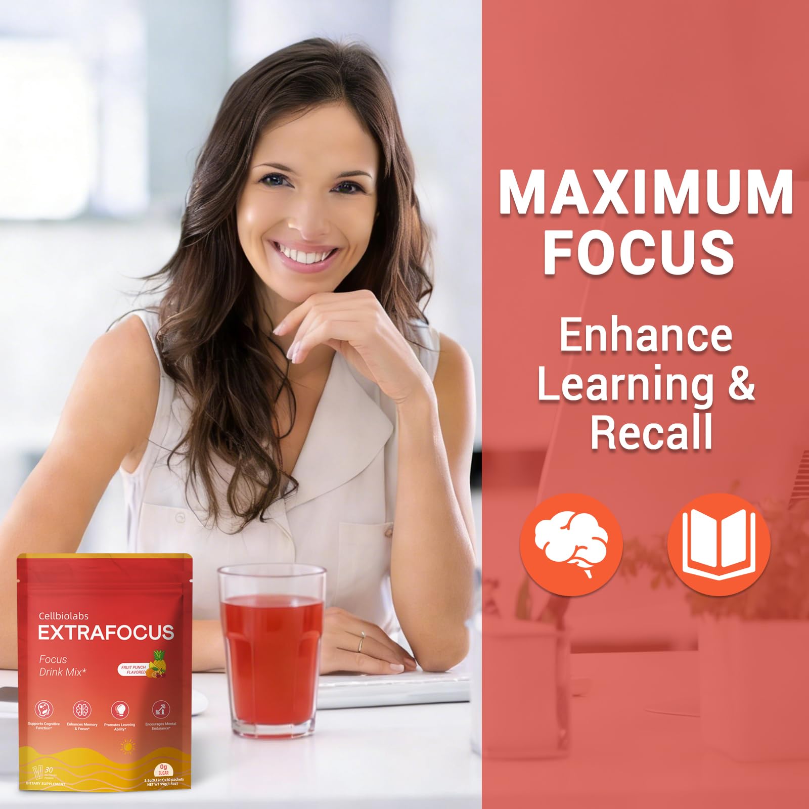 Nootropic Extra Focus Drink Mix, 30 Packs On-The-Go Sticks, Featuring Alpha-GPC, Lion's Mane & Rhodiola, Sugar-Free Packets Fruit Punch Clean Drink Mix Cellbiolabs Au supplements