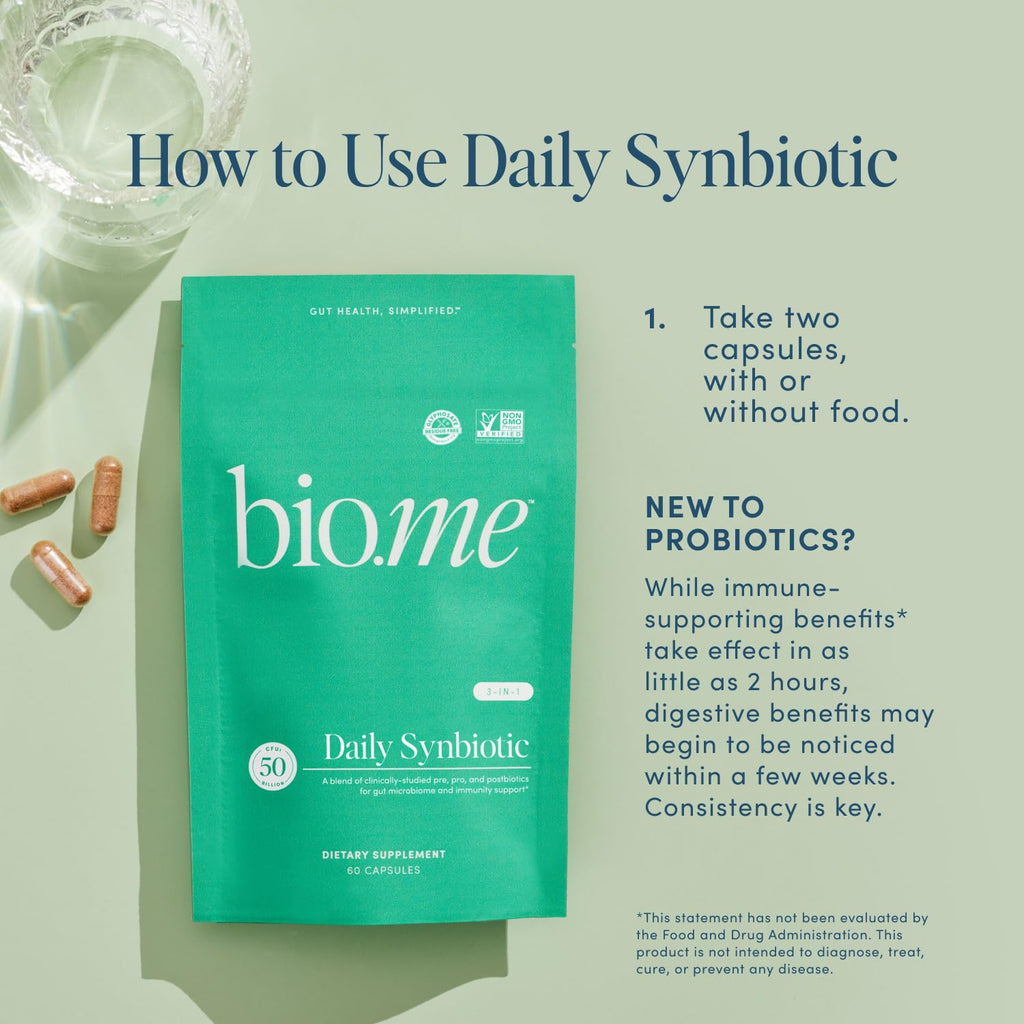 Synbiotic 3-in-1 Prebiotics, Probiotics & Postbiotics for Digestive Health, Gut Health, Immune Support & Bloating Relief for Men & Women - 50 Billion CFU Per Serving - Vegan, 60 Capsules (30 Servings) Bio.me Au supplements