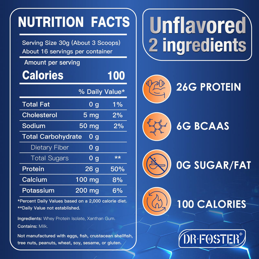 DRFOSTER Whey Protein Powder Isolate - Unflavored, Grass-Fed, 26g Protein & 6g BCAAs for Muscle Growth & Recovery