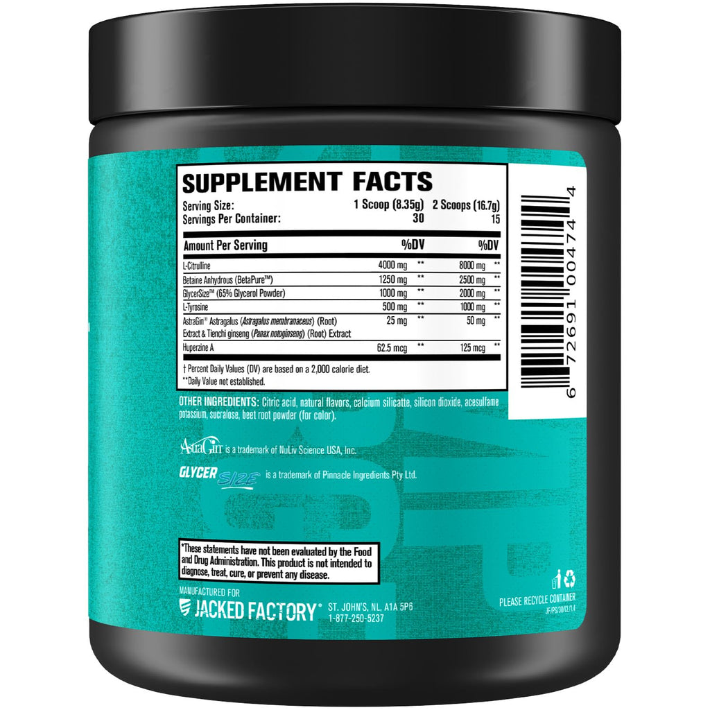 Jacked Factory Pumpsurge Caffeine Free Pre Workout for Men & Women - Booster & Stim Free Pre Workout - Intense Pumps, Enhanced Focus - 30 Servings, Cherry Limeade 8.83oz