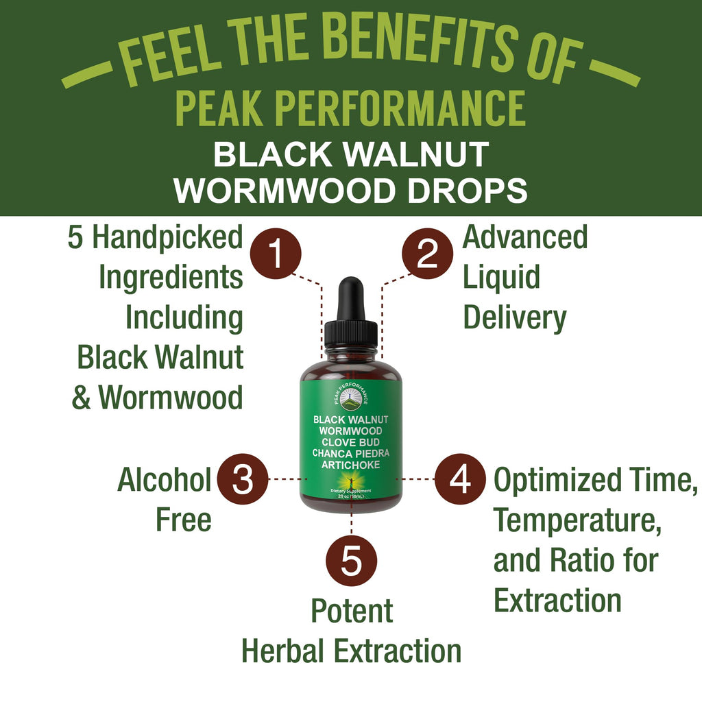 Wormwood Black Walnut Clove Cleanse for Humans. Elimination Detox + Intestinal Support Liquid Tincture Supplement for Adults and Kids. with Artichoke and Chanca Piedra for Additional Benefits Peak Performance Au supplements