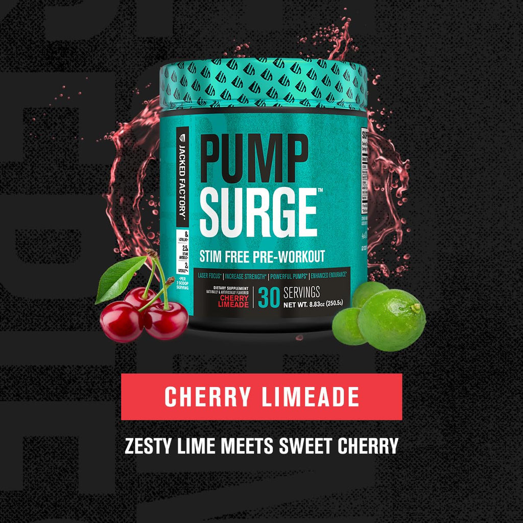 Jacked Factory Pumpsurge Caffeine Free Pre Workout for Men & Women - Booster & Stim Free Pre Workout - Intense Pumps, Enhanced Focus - 30 Servings, Cherry Limeade 8.83oz