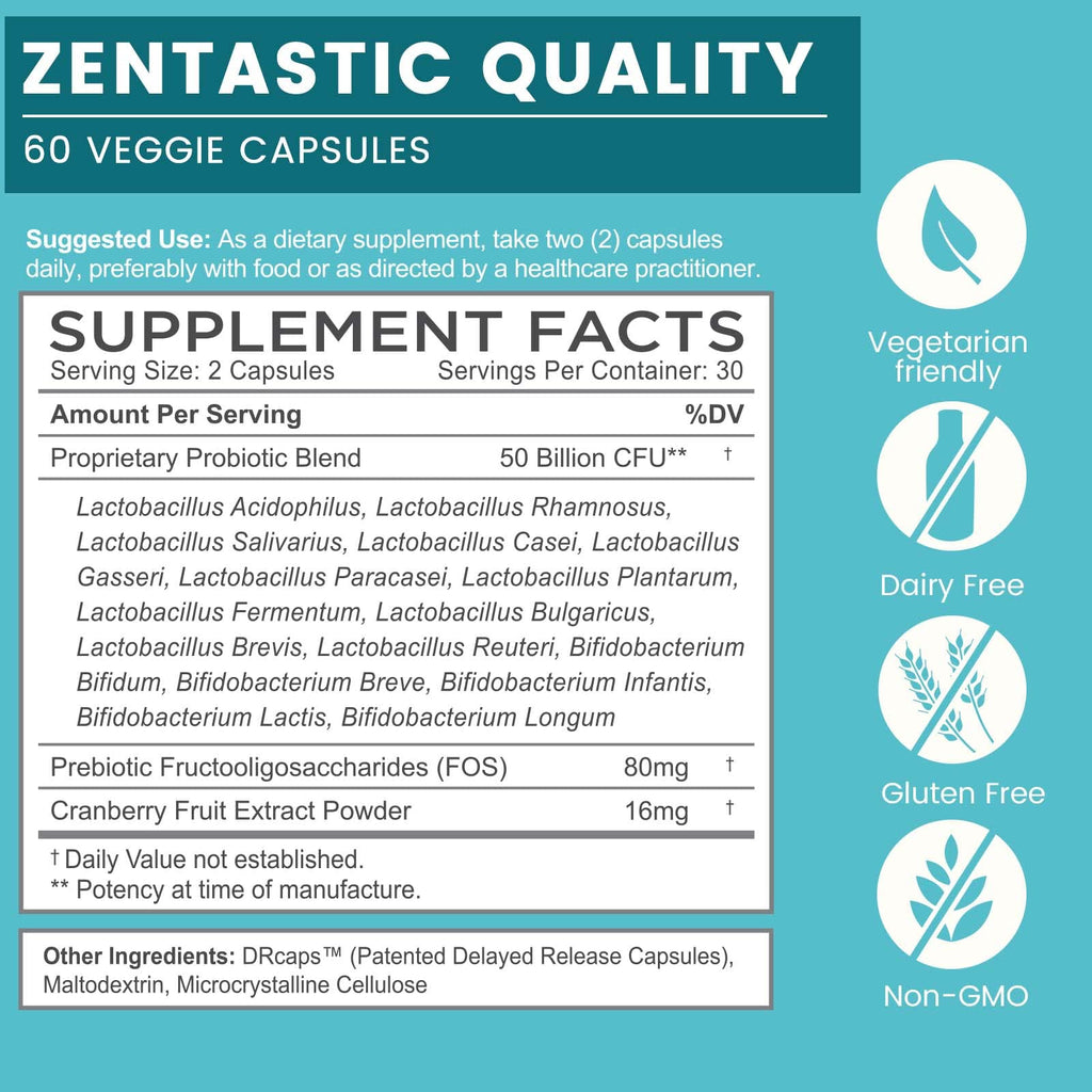Zentastic Probiotics & Prebiotics Supplement - 50 Billion CFU - for Men & Women’s Immune & Digestive Health - 16 Strains - Shelf Stable