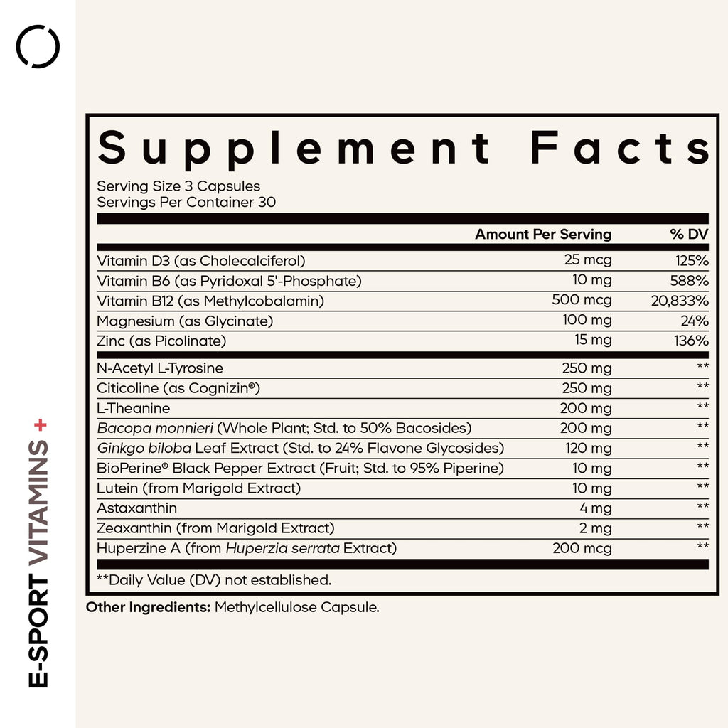 Codeage E-Sport Vitamins+ Citicoline Cognizin, Bacopa Monnieri Supplement, Multivitamins, Astaxanthin, L-Theanine, Ginkgo Biloba, Acetyl-L-Tyrosine, Huperzine A,