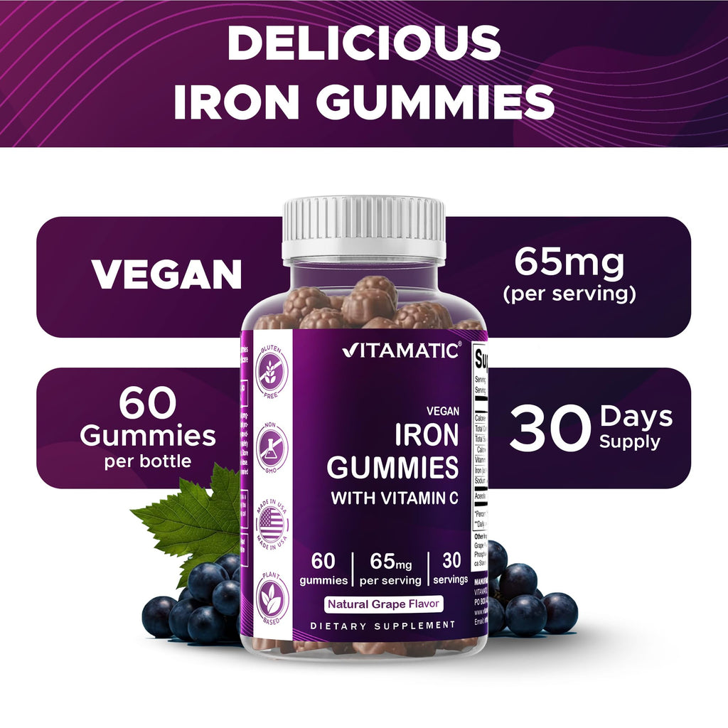 Vitamatic Iron 65 mg Gummies Supplement for Women & Men - 60 Vegan Gummies - Great Tasting Iron Gummy Vitamins with Vitamin C (1)