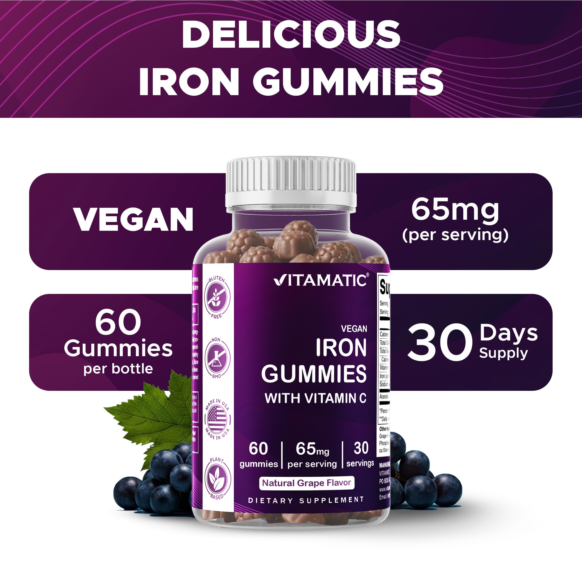 Vitamatic Iron 65 mg Gummies Supplement for Women & Men - 60 Vegan Gummies - Great Tasting Iron Gummy Vitamins with Vitamin C (1)