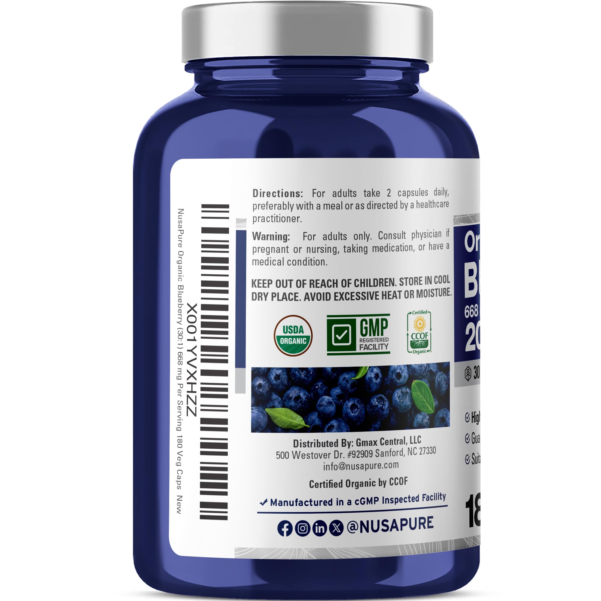 NusaPure Blueberry Concentrate 30:1 Extract, 667 mg Equivalent to 20,000 mg 180 Veg Caps Suitable for Vegetarian, Vegan, Non-GMO NusaPure Au supplements