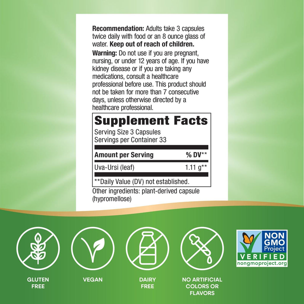 Nature's Way Uva Ursi Leaves, Traditional Urinary Support*, 1,110 mg per 3-Capsule Serving, Non-GMO Project Verified, Herbal Dietary Supplement, Gluten Free, 100 Vegan Capsules (Packaging May Vary) Nature's Way Au supplements