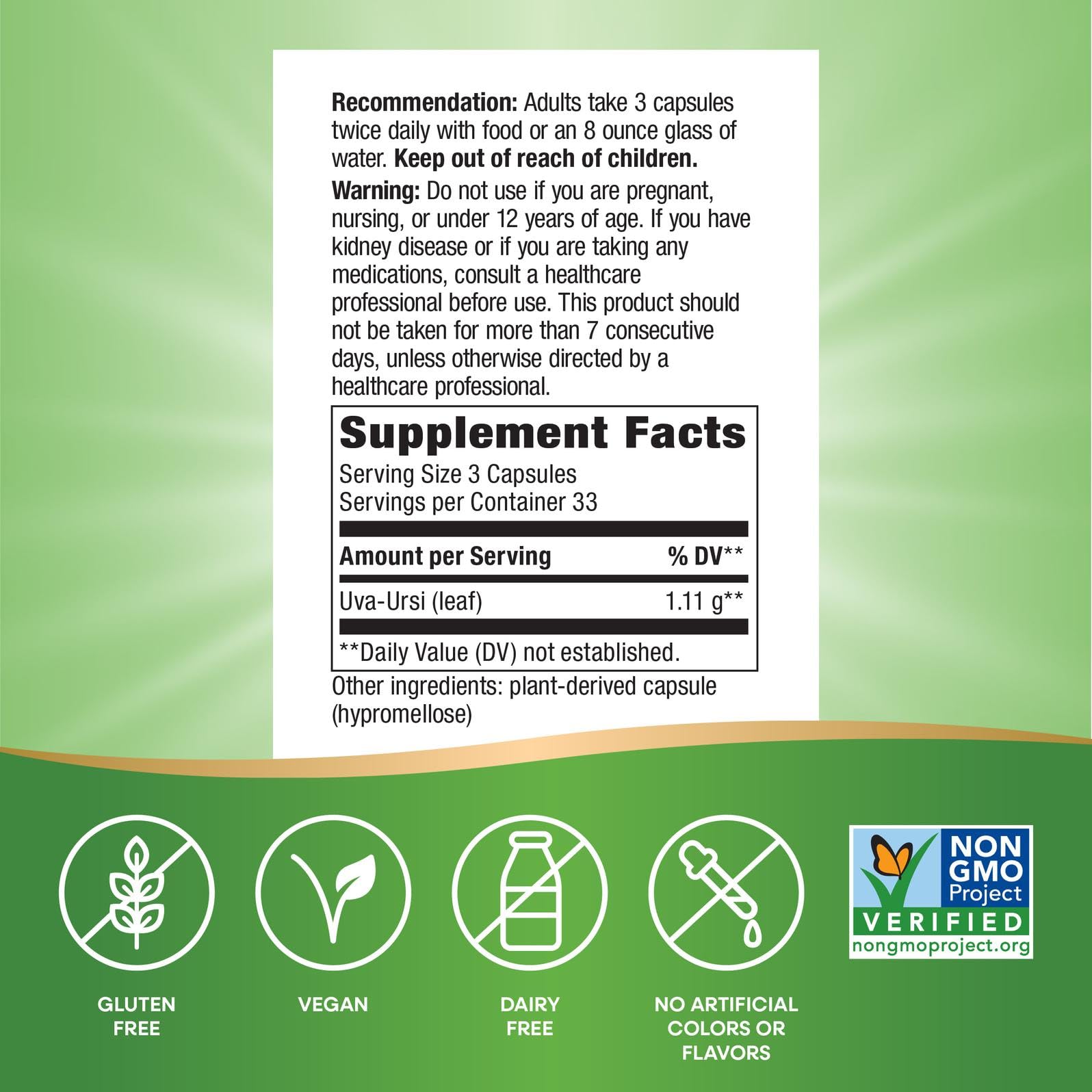 Nature's Way Uva Ursi Leaves, Traditional Urinary Support*, 1,110 mg per 3-Capsule Serving, Non-GMO Project Verified, Herbal Dietary Supplement, Gluten Free, 100 Vegan Capsules (Packaging May Vary) Nature's Way Au supplements