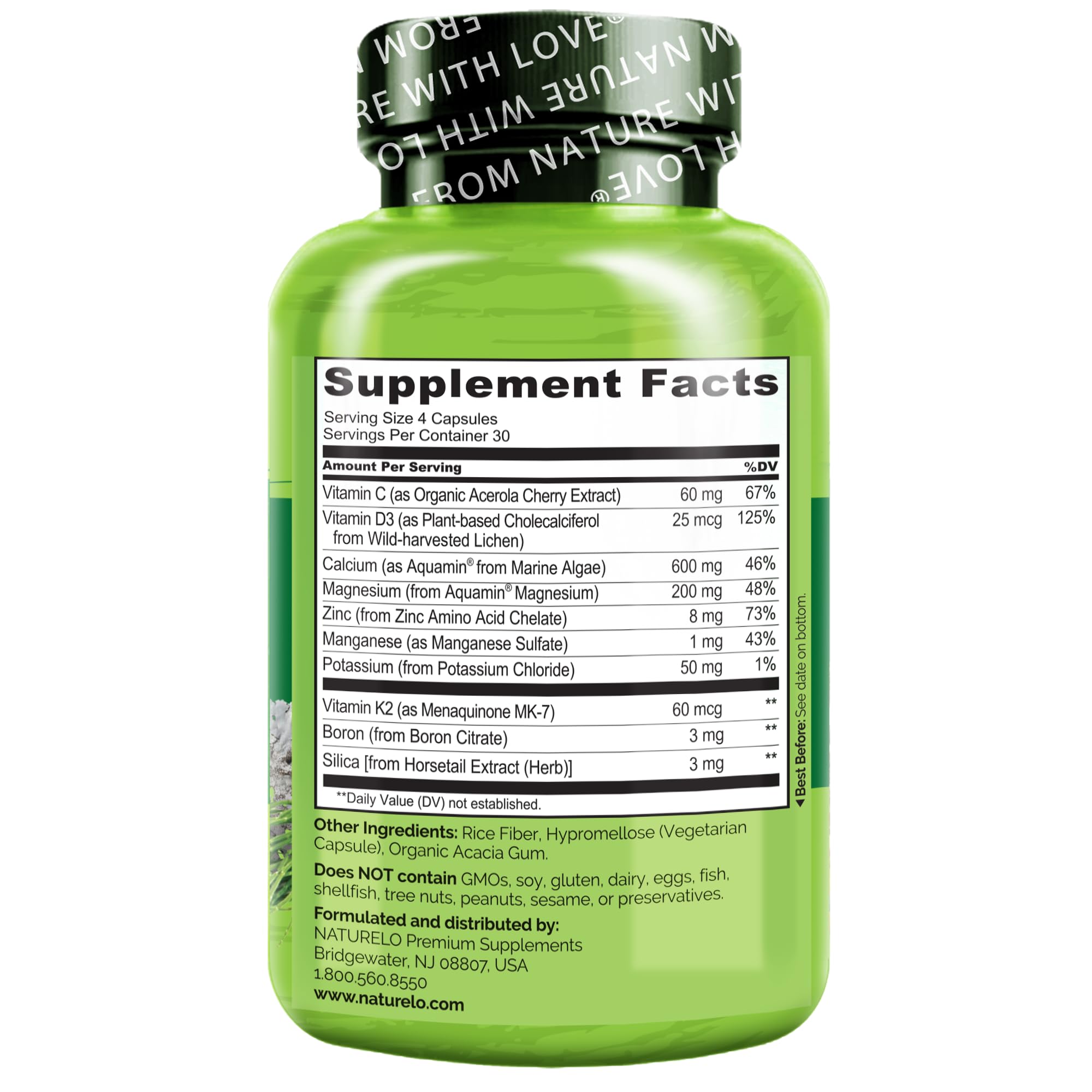 NATURELO Calcium Supplement - with Vitamin C, Vitamin D3, K2, and Calcium Magnesium Zinc for Bone Strength with Calcium 600mg - Plant-Based, 120 Vegetarian Capsules