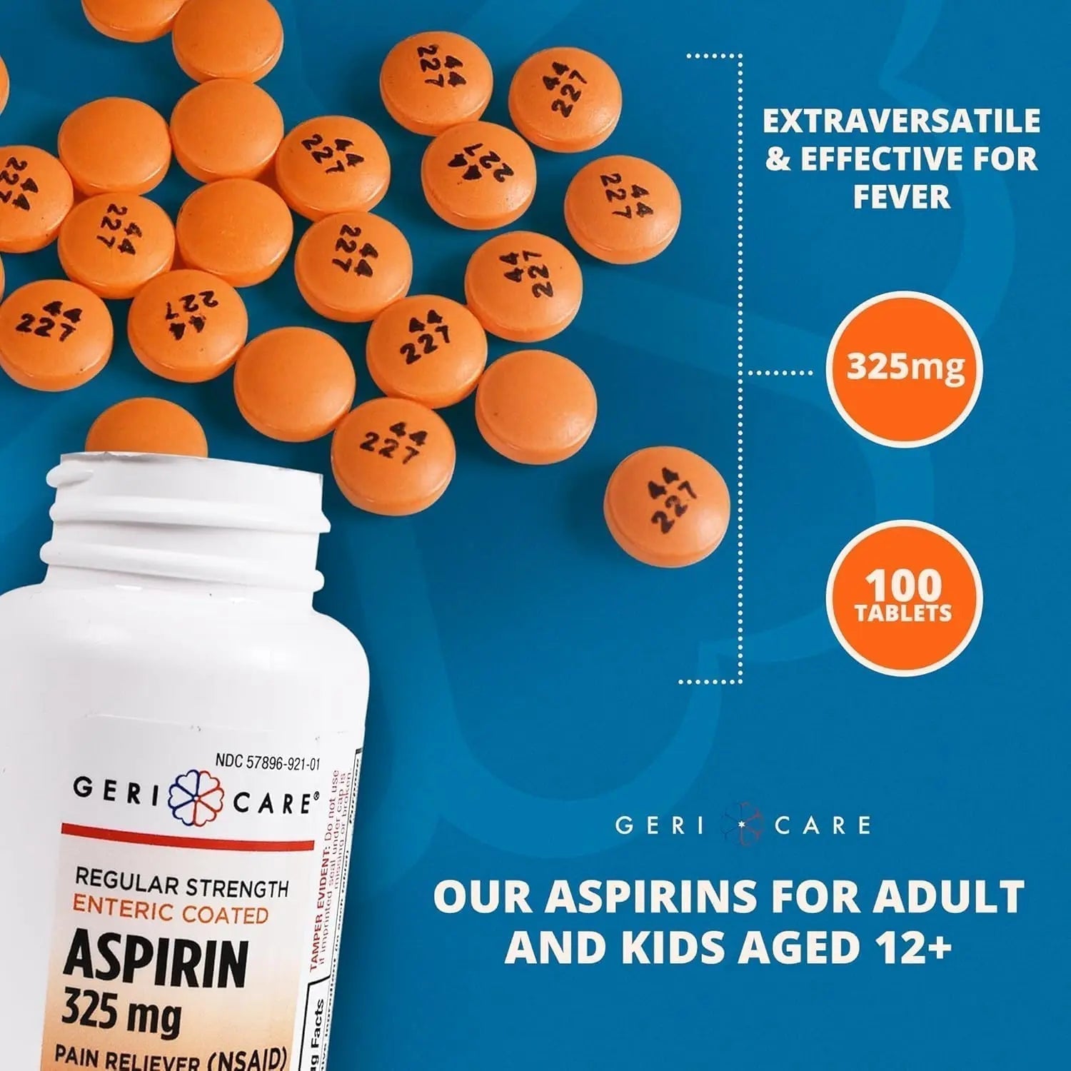 Enteric Coated Aspirin Tablets 325mg (100 Count) by GeriCare- NSAID Pain Reliever & Fever Reducer Coated Aspirin for Adults- Regular Strength Aspirin for Headache Arthritis Menstrual & Muscle Pain GeriCare Au supplements