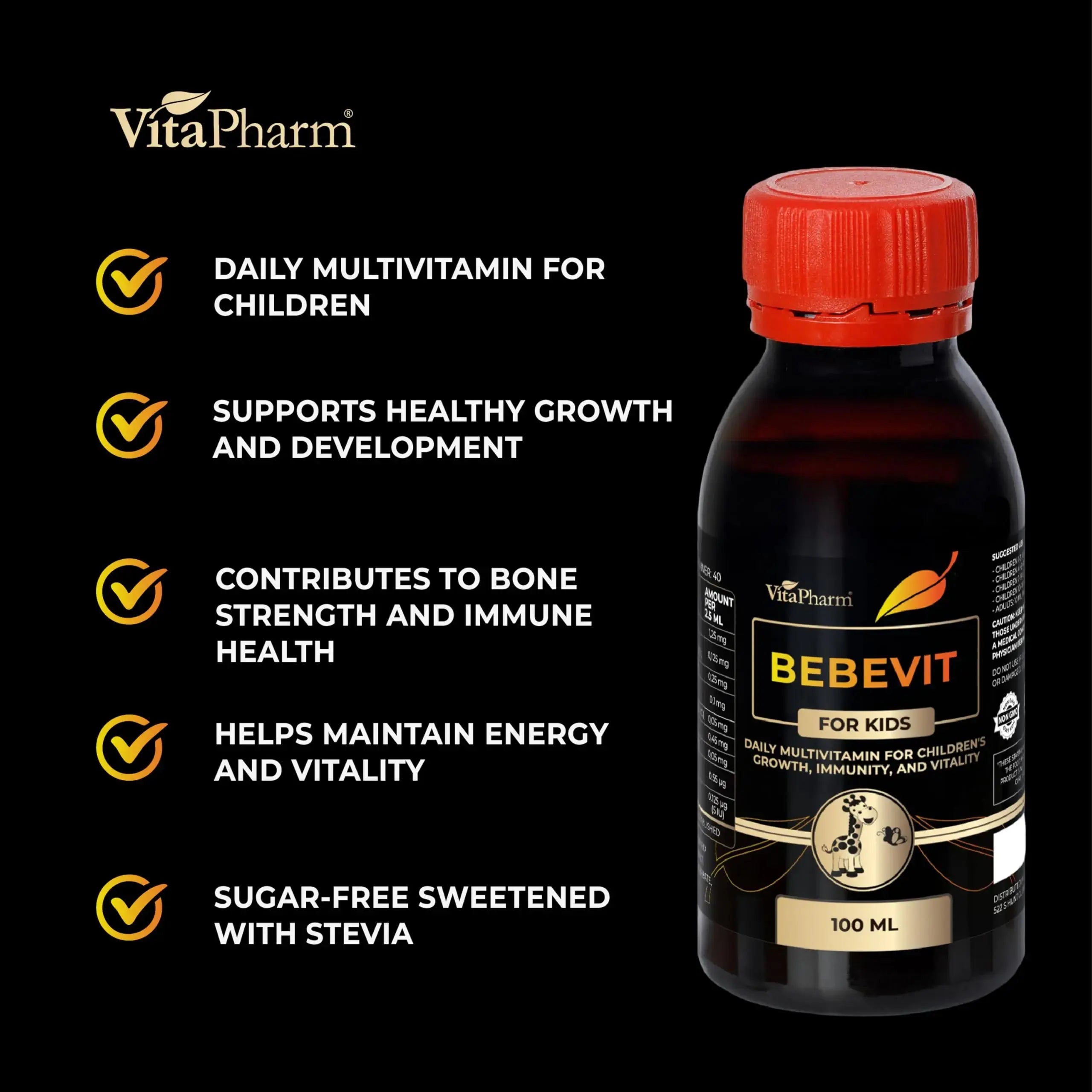 BEBEVIT Liquid Multivitamin for Kids – Sugar-Free & Non-GMO Formula with Vitamins A, C, D3, E, K2 & B-Complex – Daily Support for Growth, Immunity VitaPharm Au supplements