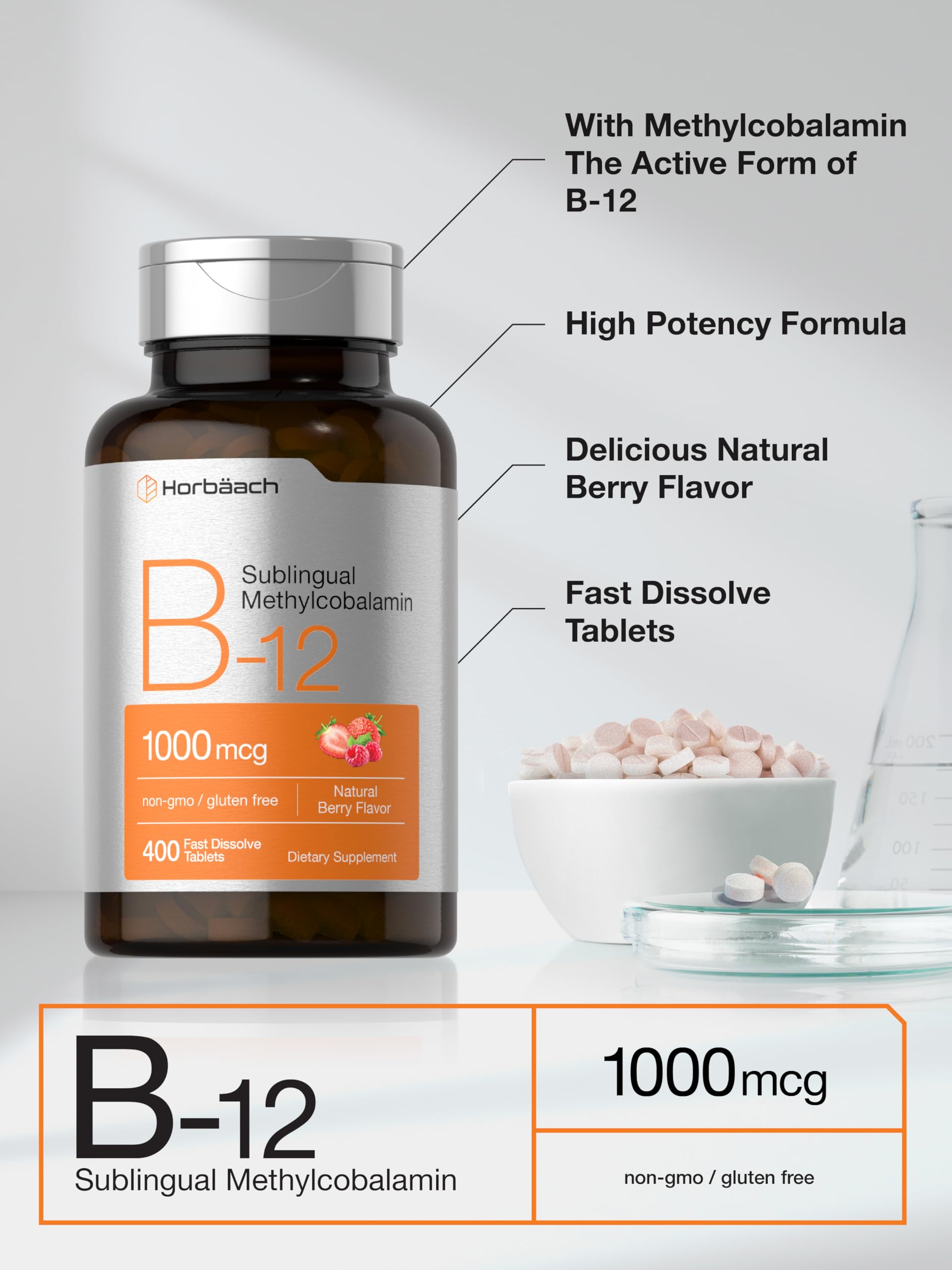 Horbaach Vitamin B12 1000 mcg Sublingual | 400 Fast Dissolve Tablets | Methylcobalamin Supplement for Women and Men