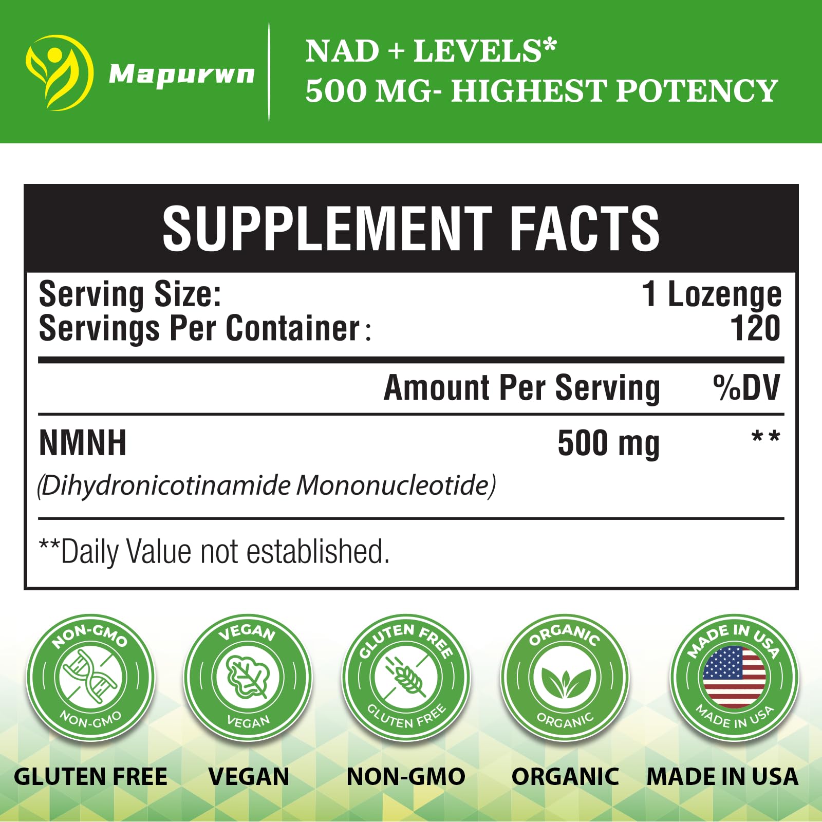Mapurwn NMNH (Dihydronicotinamide Mononucleotide), NMN Supplement, 500mg per Serving NAD Supplement to Boost NAD+ Levels As We Age for Women & Men, Anti-Aging, Energy, Focus, 120 Count Mapurwn Au supplements