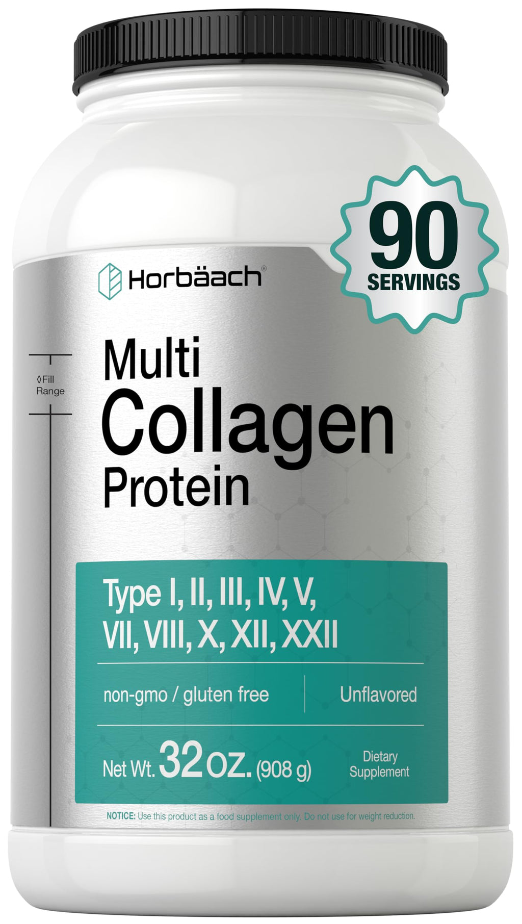 Horbaach Multi Collagen Protein Powder 32 oz | Types I, II, III, IV, V, VII, VIII, X, XII, and XXII | Grassfed Collagen Peptides