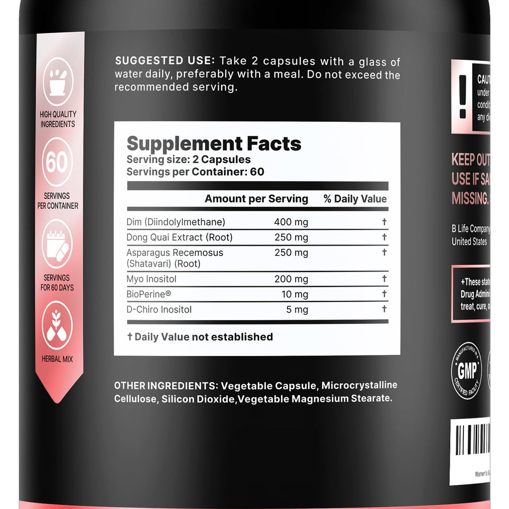 B Life Company DIM Supplement 400 mg with Myo & D-Chiro Inositol, Dong Quai – Hormone Balance for Women – Fertility Supplements – Inositol Supplement - 120 Caps B Life Company Au supplements