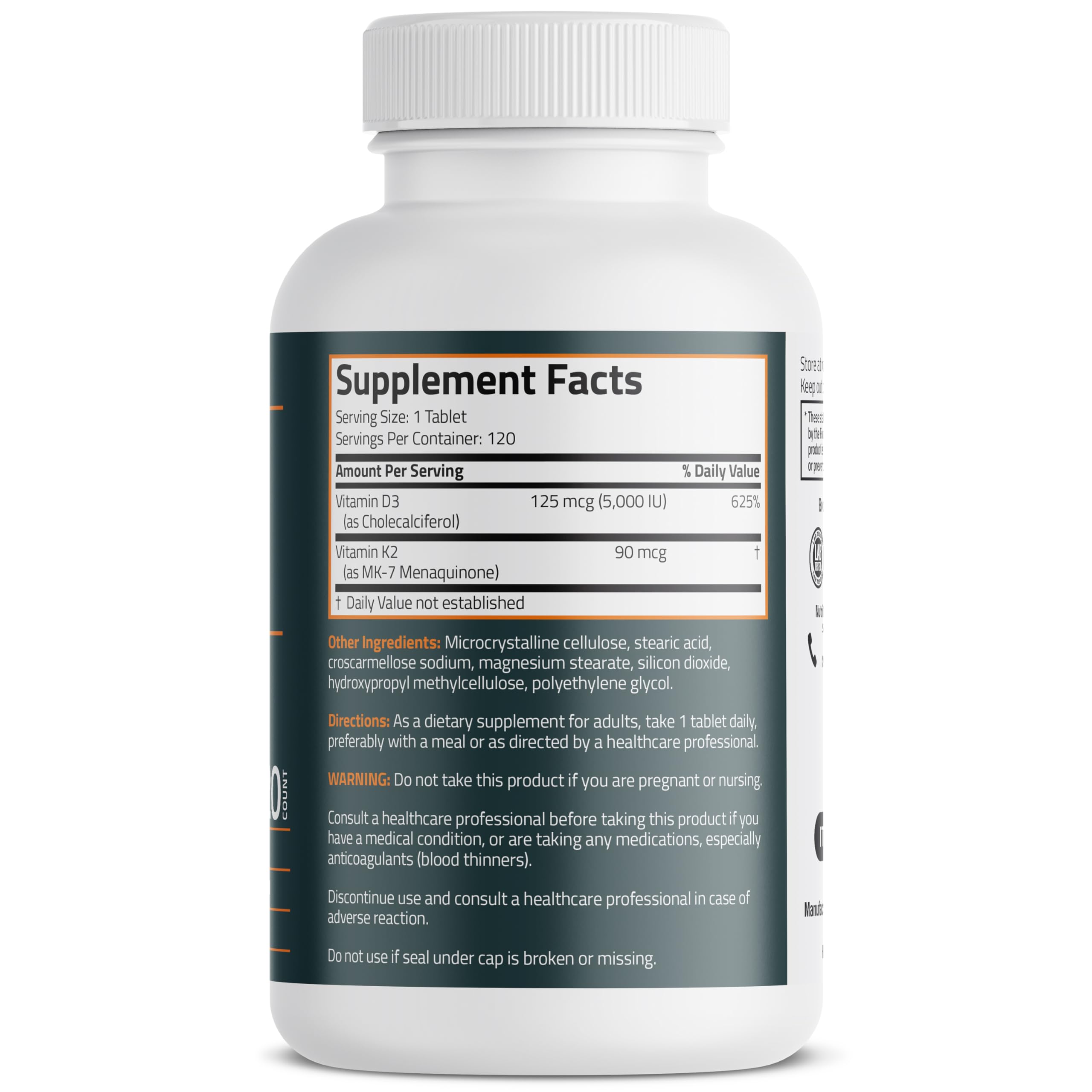 Bronson Vitamin K2 D3 (MK7) Supplement Non-GMO Formula Vitamin D3 5000IU (125 mcg) & 90 mcg K2 MK-7, Easy to Swallow D