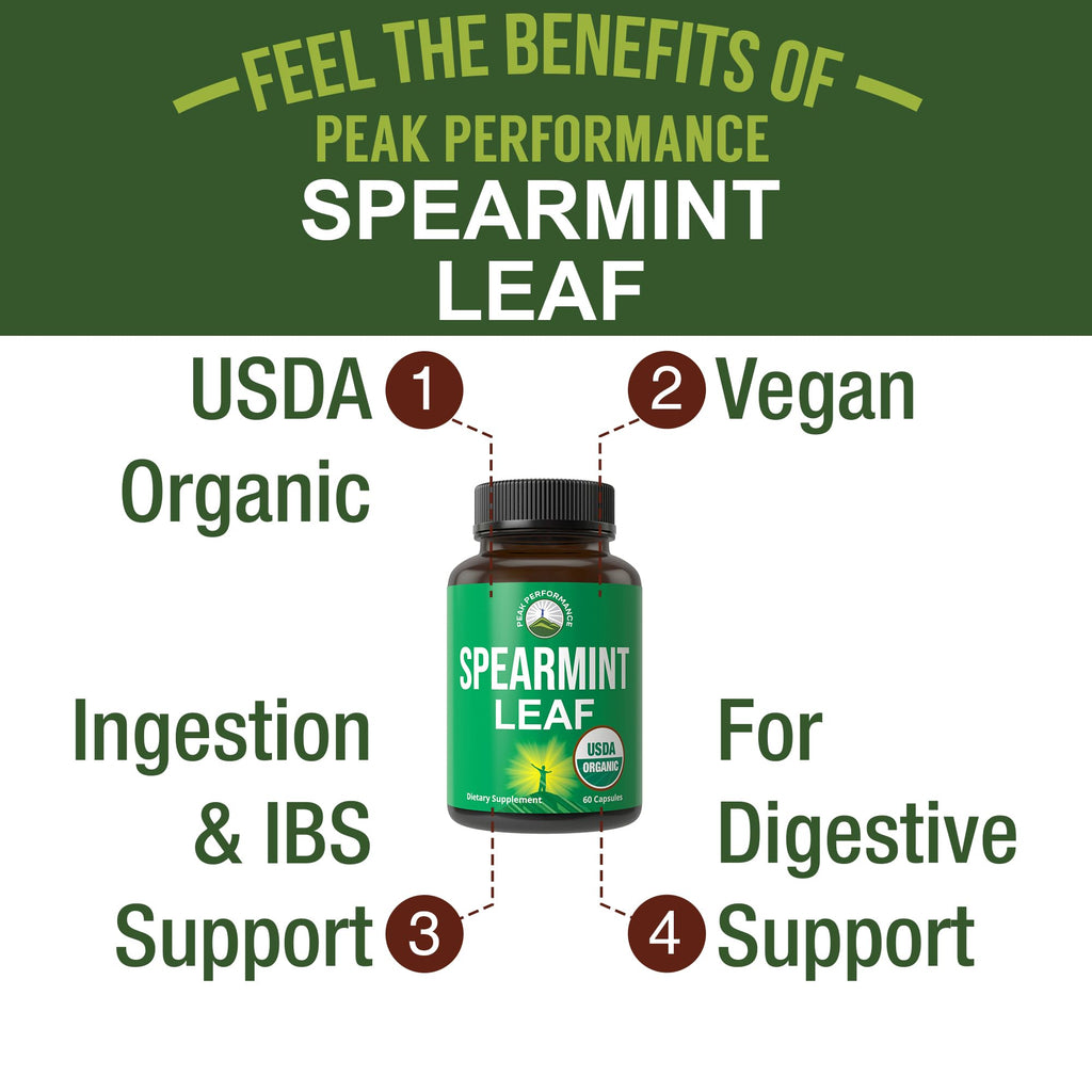 Peak Performance USDA Organic Spearmint Capsules. Organic Vegan Spearmint Leaf Pills for Digestive Support, Ingestion, and More. USA Tested Supplement for Women and Men. Peak Performance Au supplements