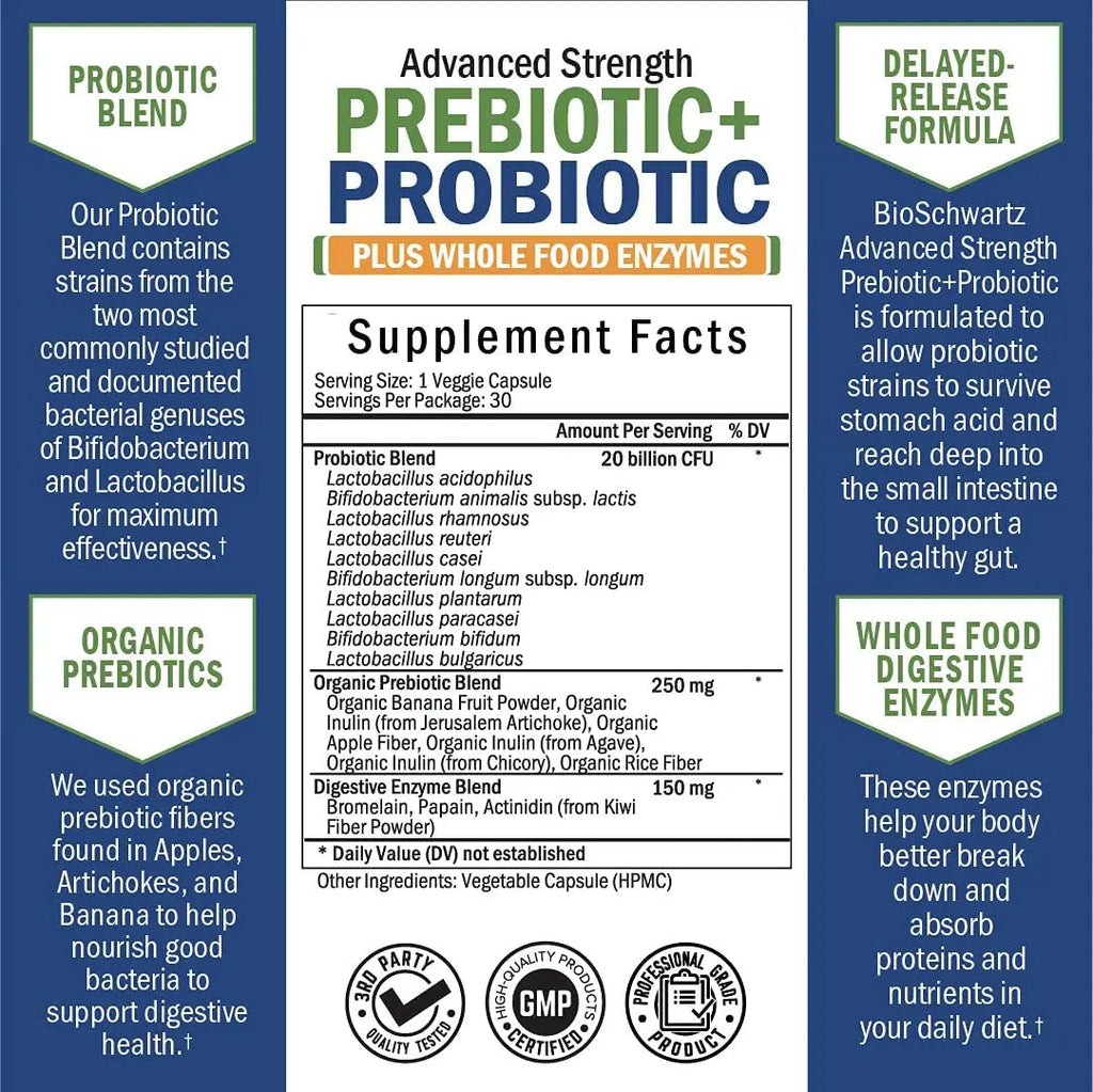 Probiotic & Prebiotic Digestive Health Capsules - 30ct, Gluten & Dairy Free, Non-GMO BioSchwartz Au supplements