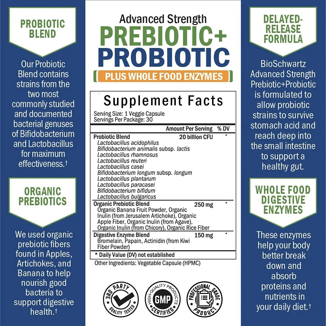 Probiotic & Prebiotic Digestive Health Capsules - 30ct, Gluten & Dairy Free, Non-GMO BioSchwartz Au supplements